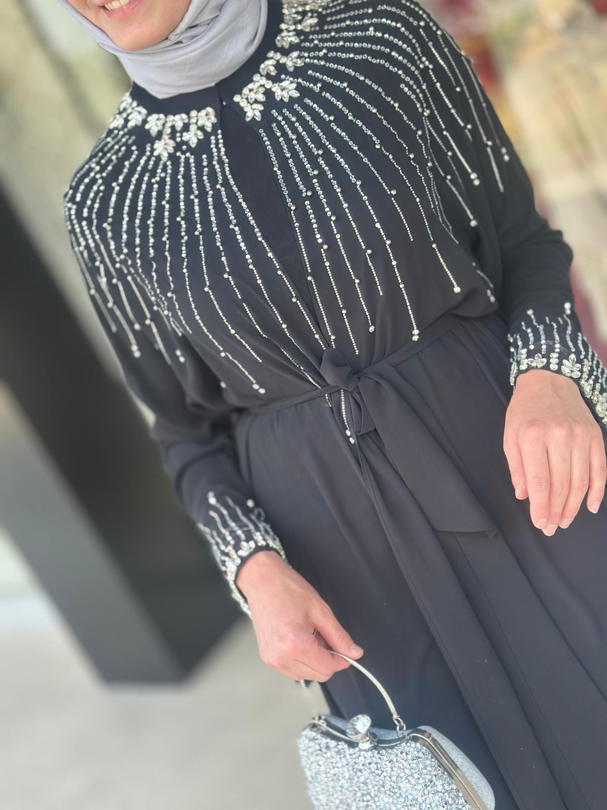 Yaka Ve Kol Uçları Taşlı Abaya-Tac 6178