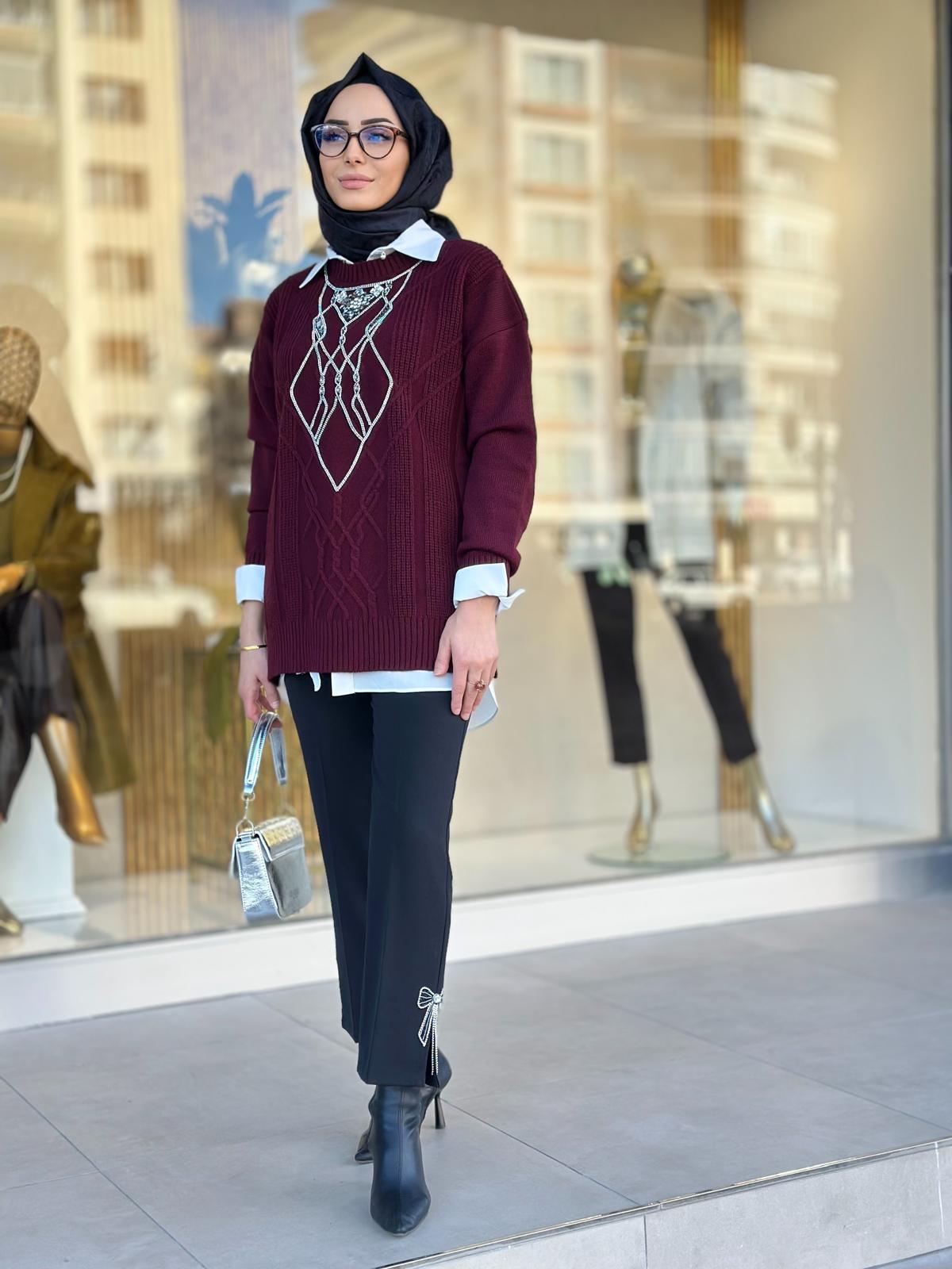 Önü Taşlı Triko Kazak-Tac 6104