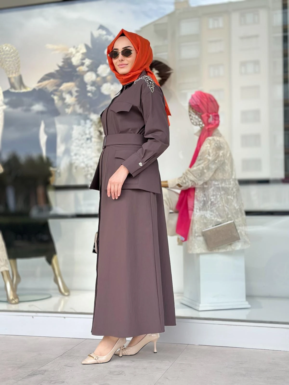 Omzu Taşlı Cepli Elbise-Tac 5606