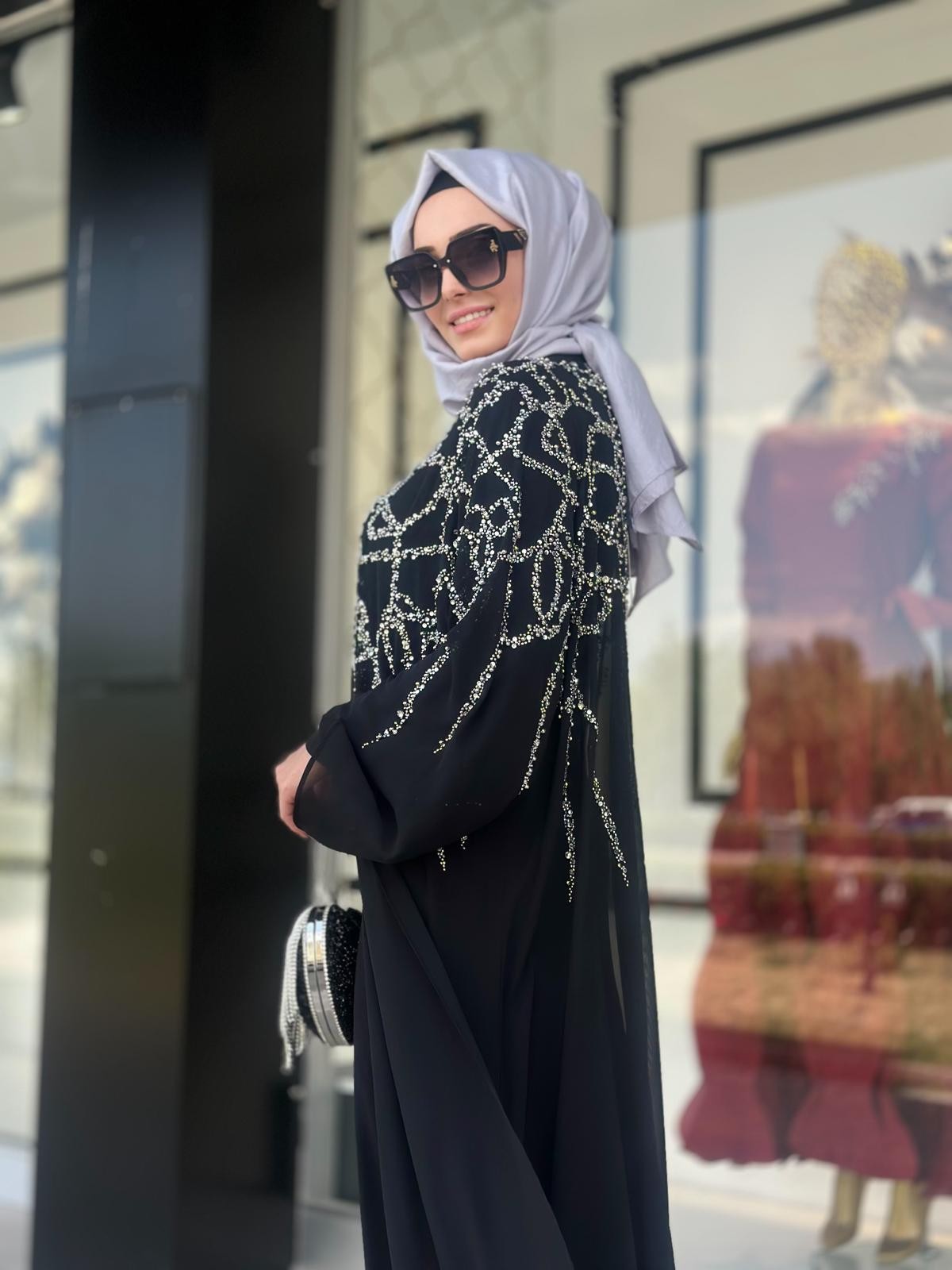 Taş Baskılı Hakim Yaka Abaya-Tac 6161