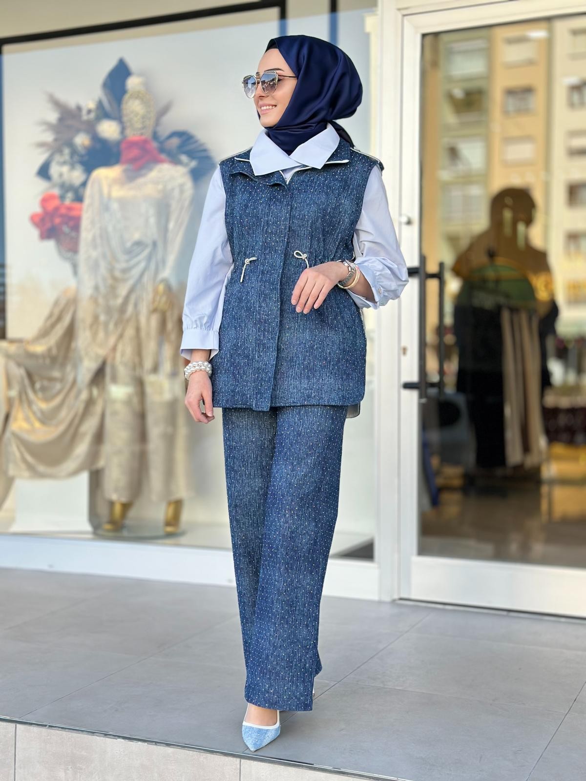 Arkası Dantelli Jean Yelek-Tac 9901 - LACİVERT