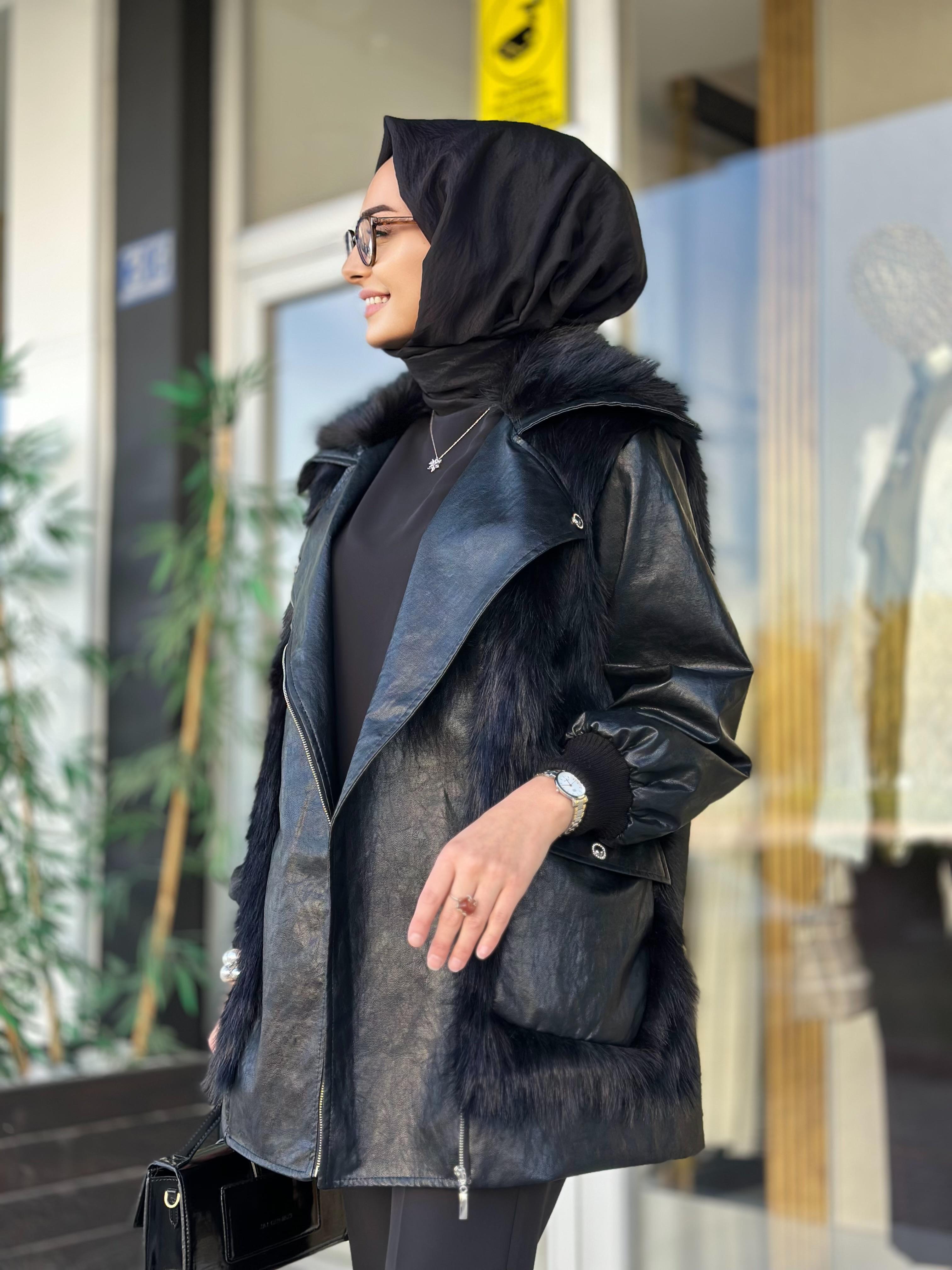 Kürklü Derili Kaban-Tac 7932 - SİYAH