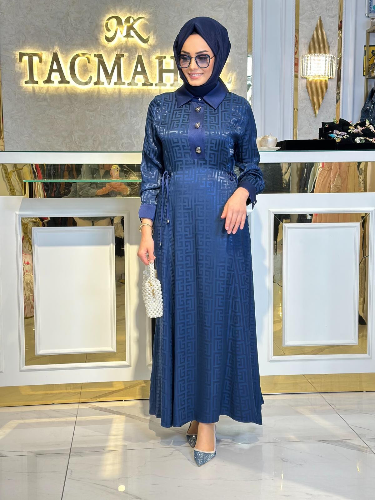 Önü Düğmeli Jakar Elbise-Tac 5607