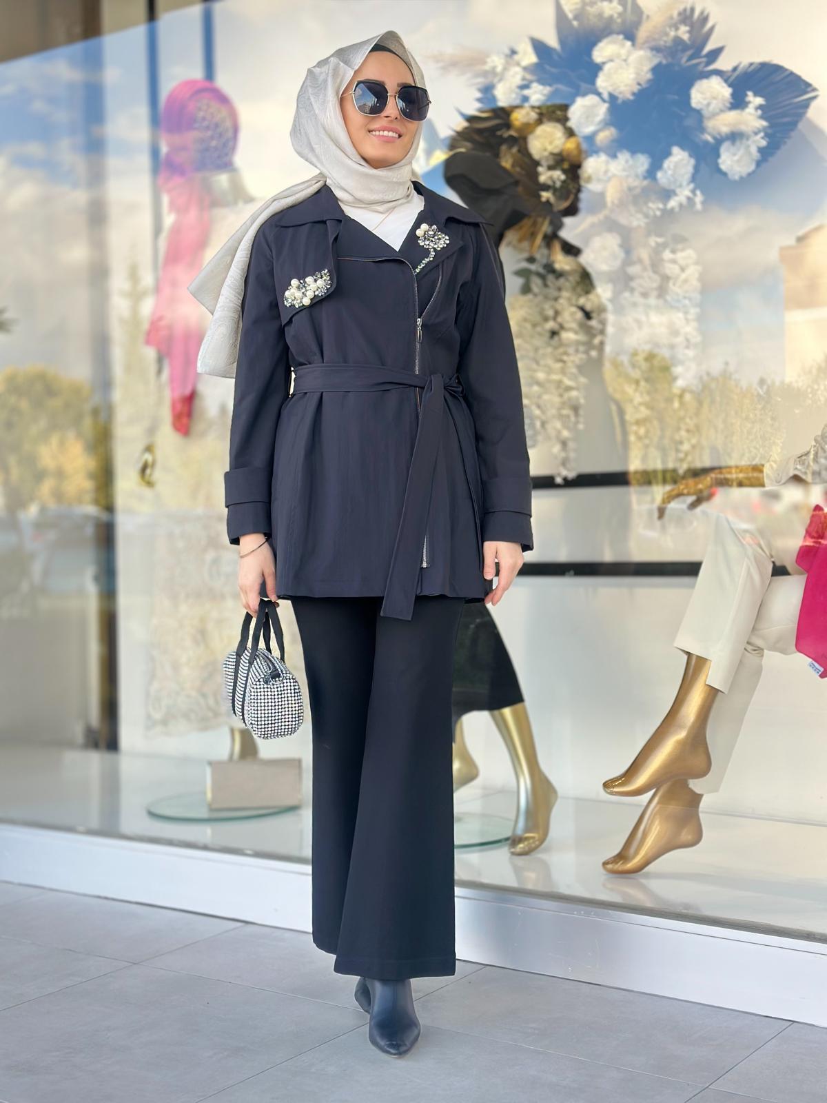 Yakası Taşlı Fermuarlı Trenç-Tac 7951