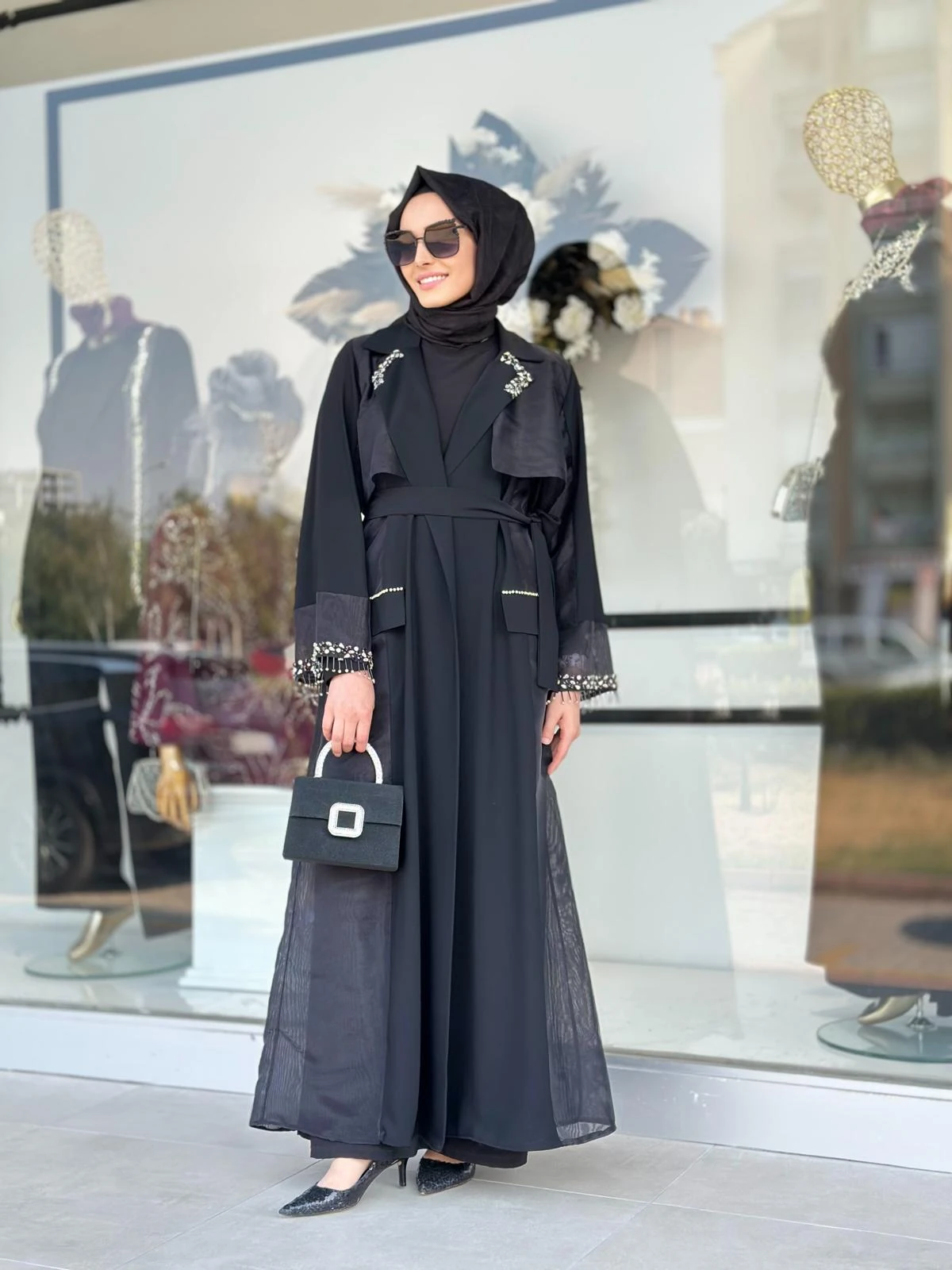 Yaka Ve Kol Taşlı Organze Ceket-Tac 6252