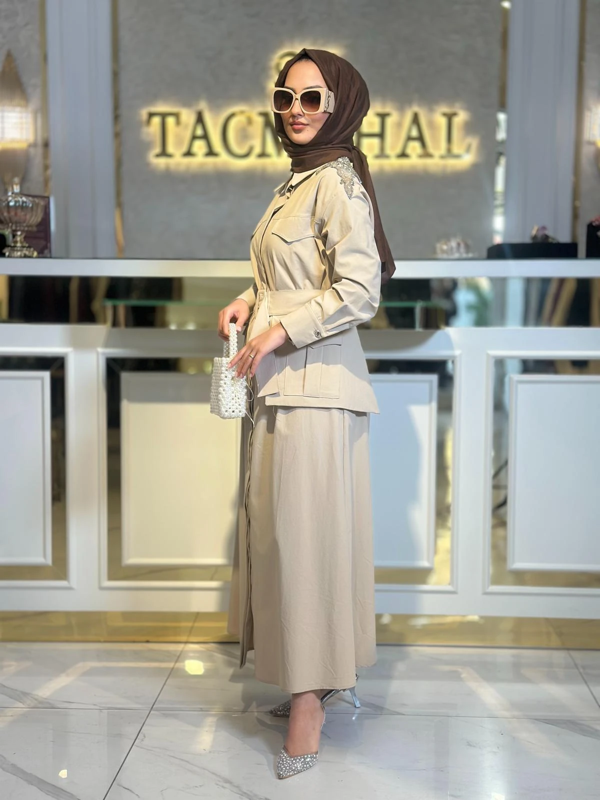 Omzu Taşlı Cepli Elbise-Tac 5606 - CAMEL