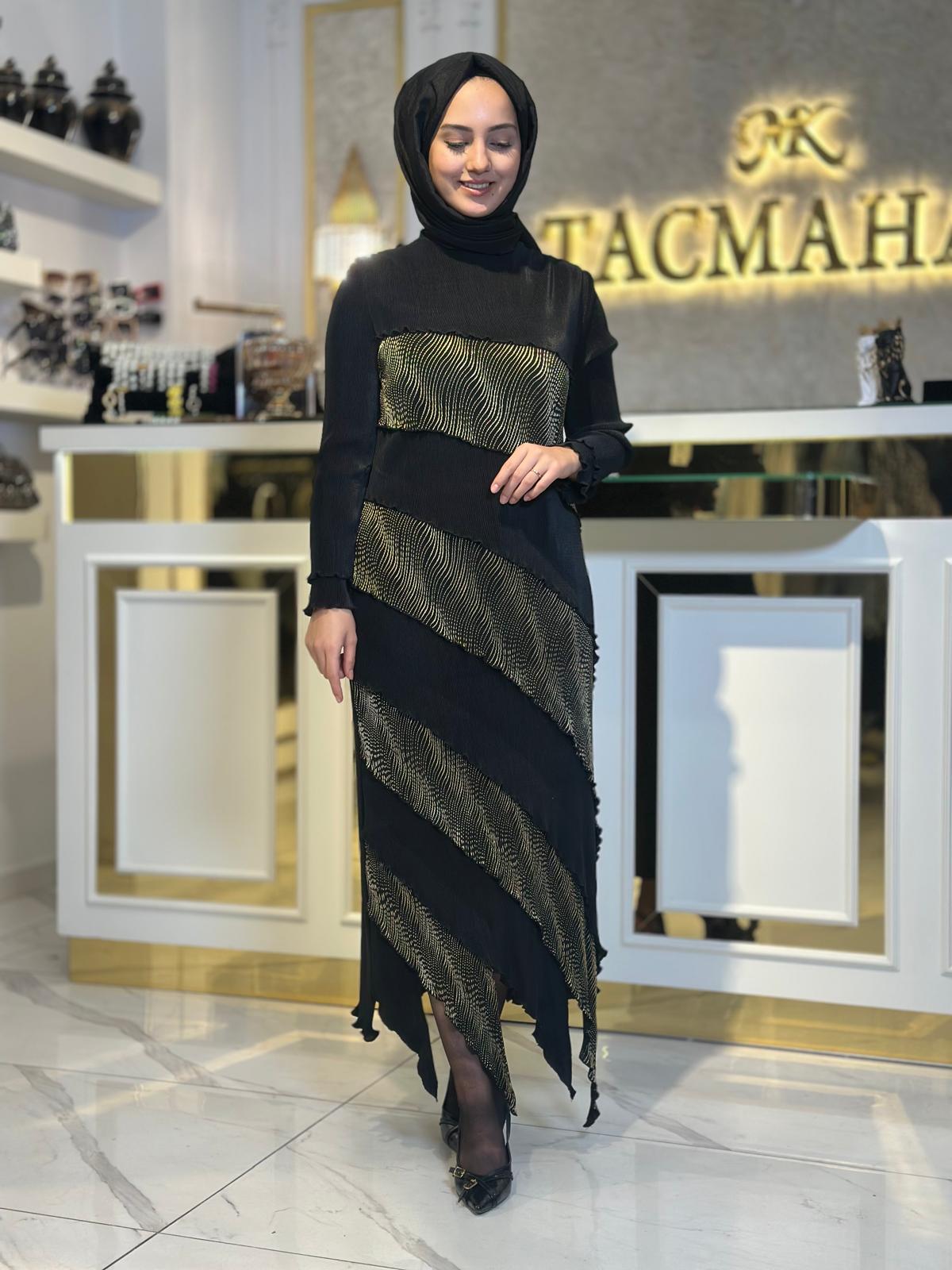 Gold Yan Şeritli Elbise-Tac 85265