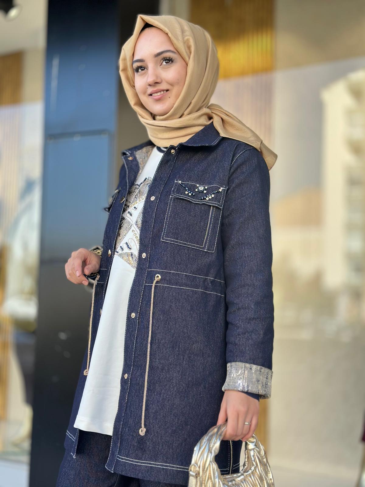 Bel Büzgülü Üçlü Kot Takım-Tac 8901