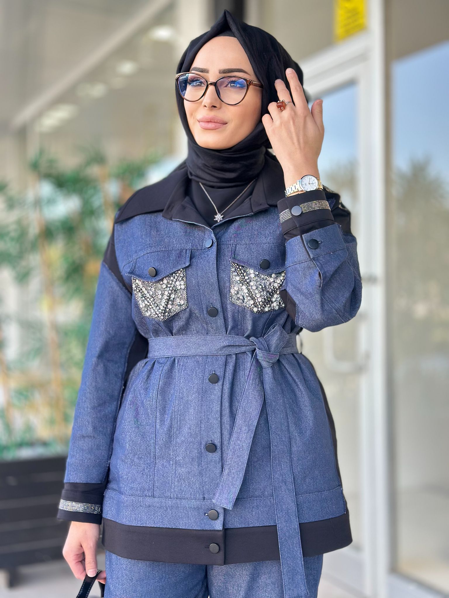 Cepleri Taşlı Jean Pant. Takım-Tac 7969