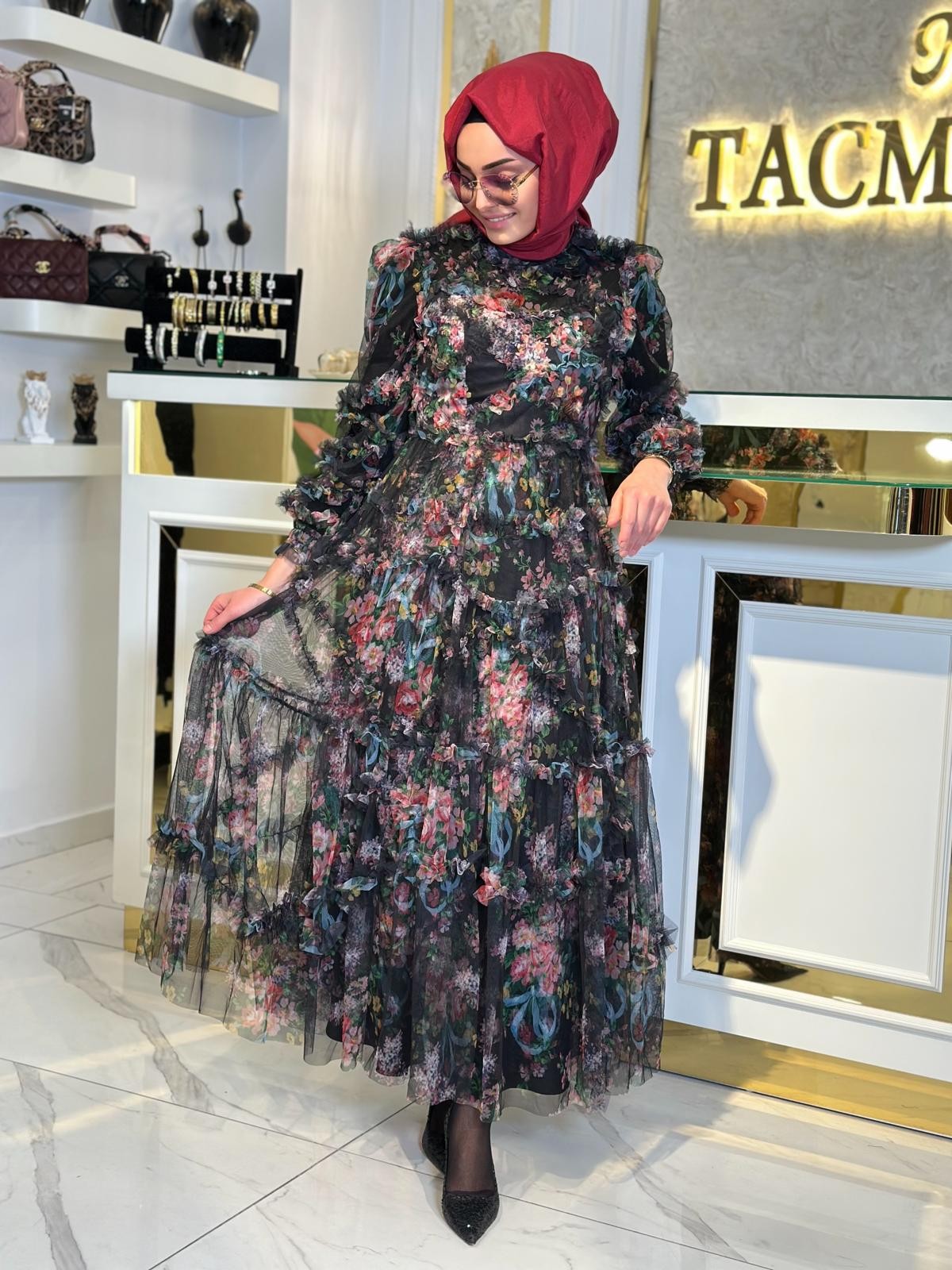 Tüllü İthal Elbise-Tac 50001