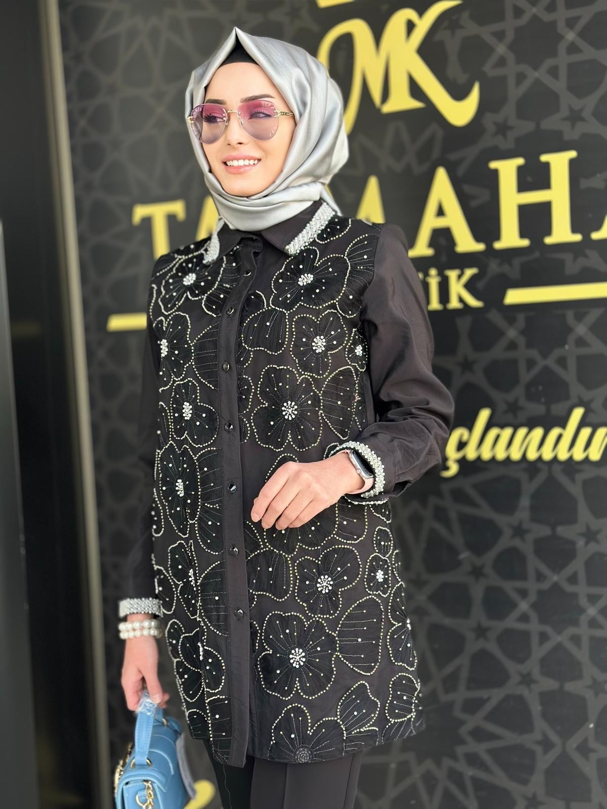 Tül Kabartmalı İşlemeli Gömlek-Tac 4182