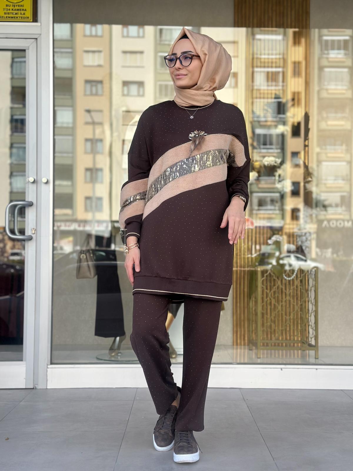 Angora Det. Ribanalı Pant. Takım-Tac 8850 - KAHVERENGİ