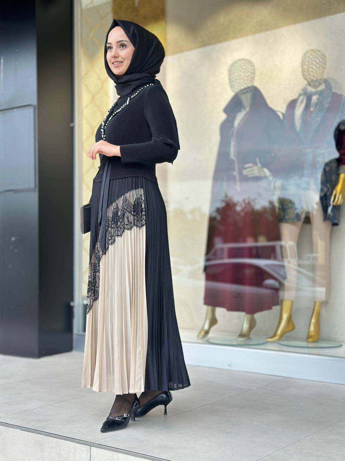 Yakası İncili Elbise-Tac 85270