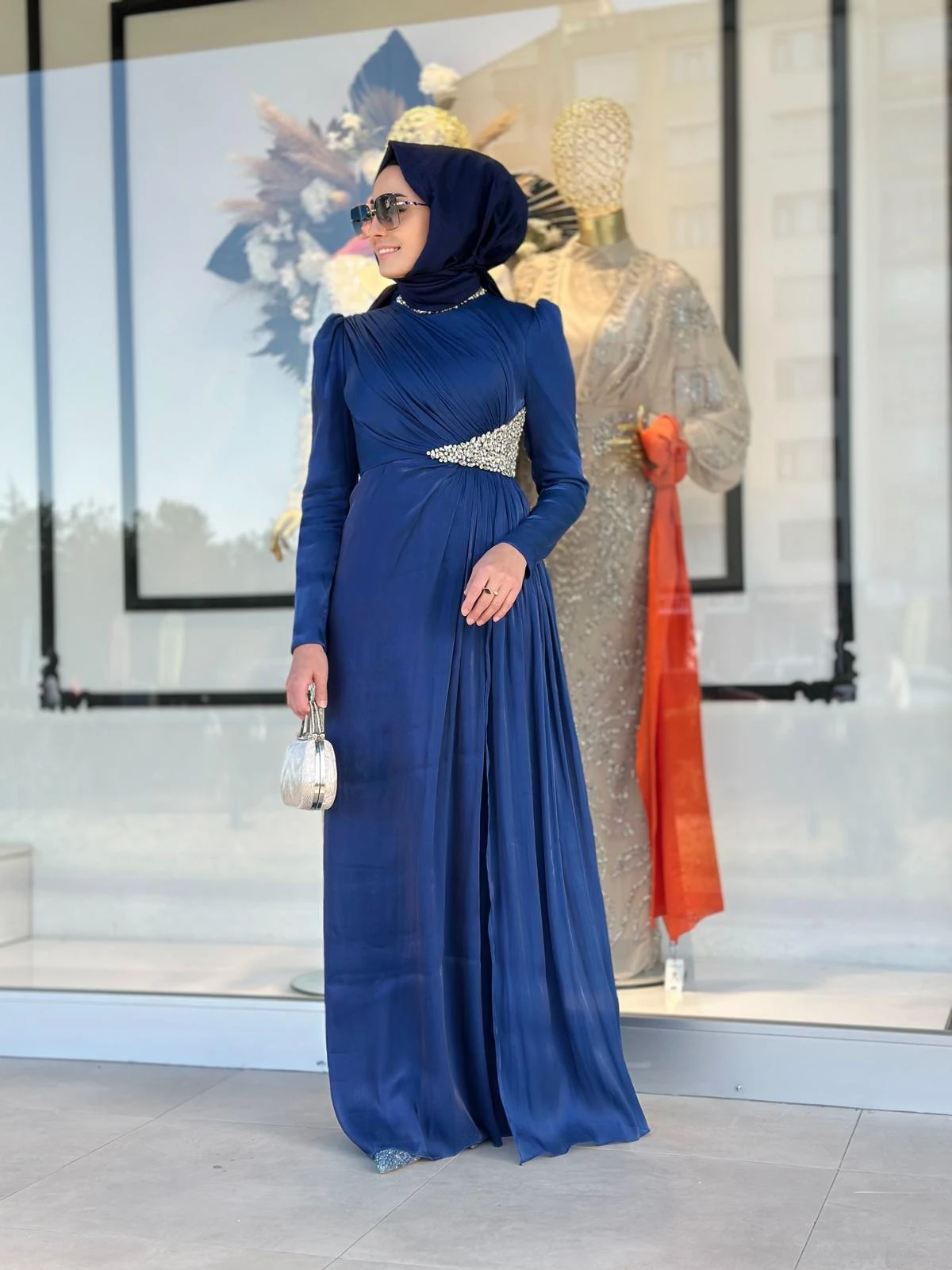 Yaka Ve Bel Taşlı Abiye-Tac 17067 - LACİVERT