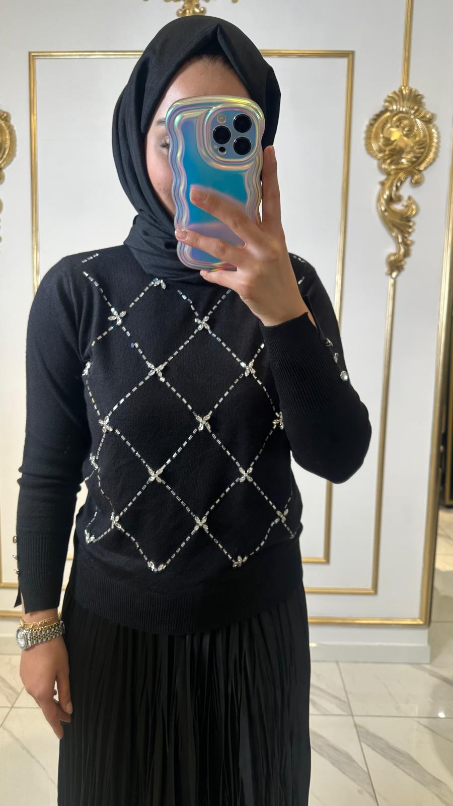 Kol Bilekleri Taş Det.Triko Kazak-Tac 17032 - SİYAH