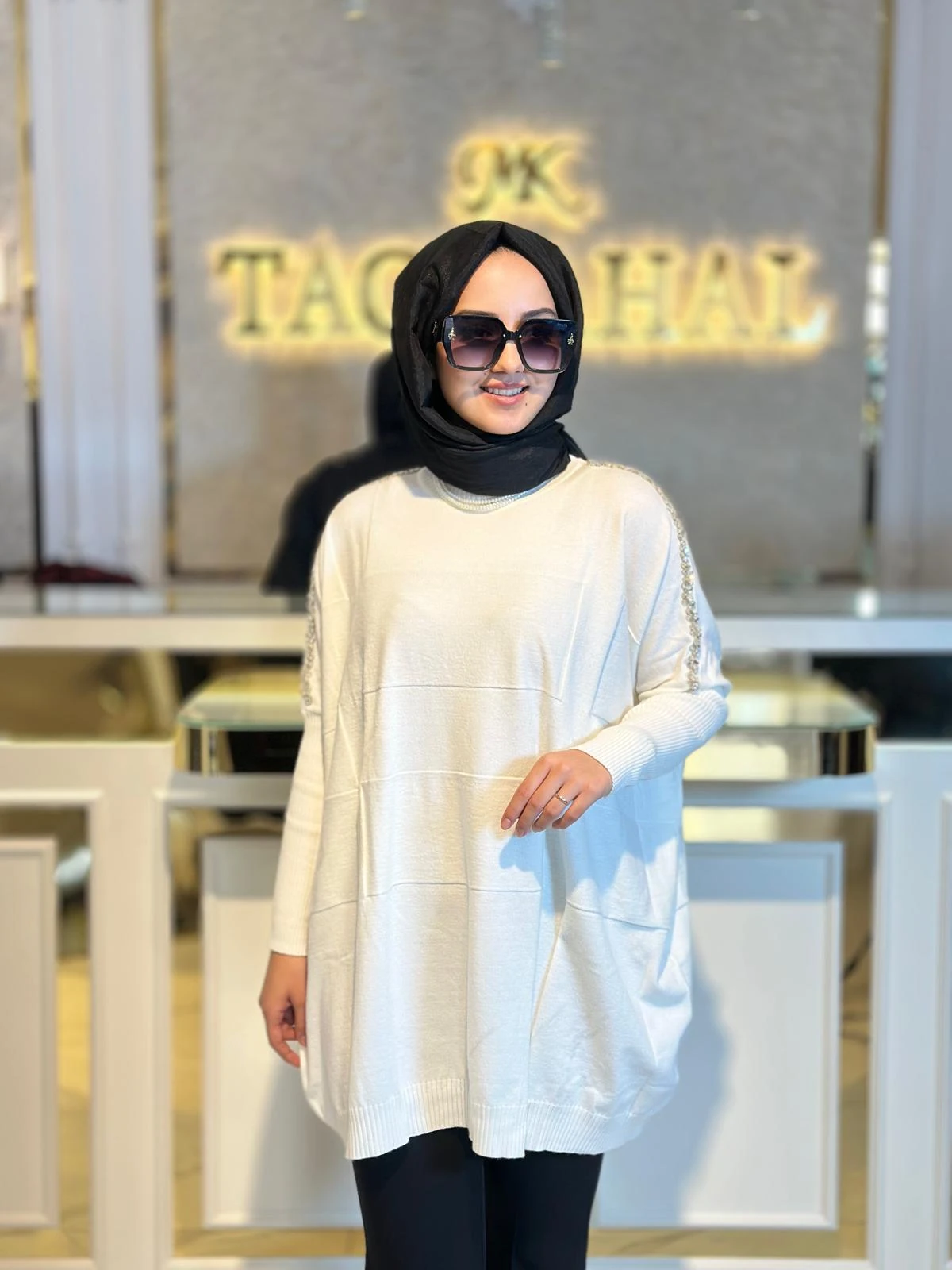 Taşlı Yarasa Kollu Triko Tunik-Tac 21737 - Ekru