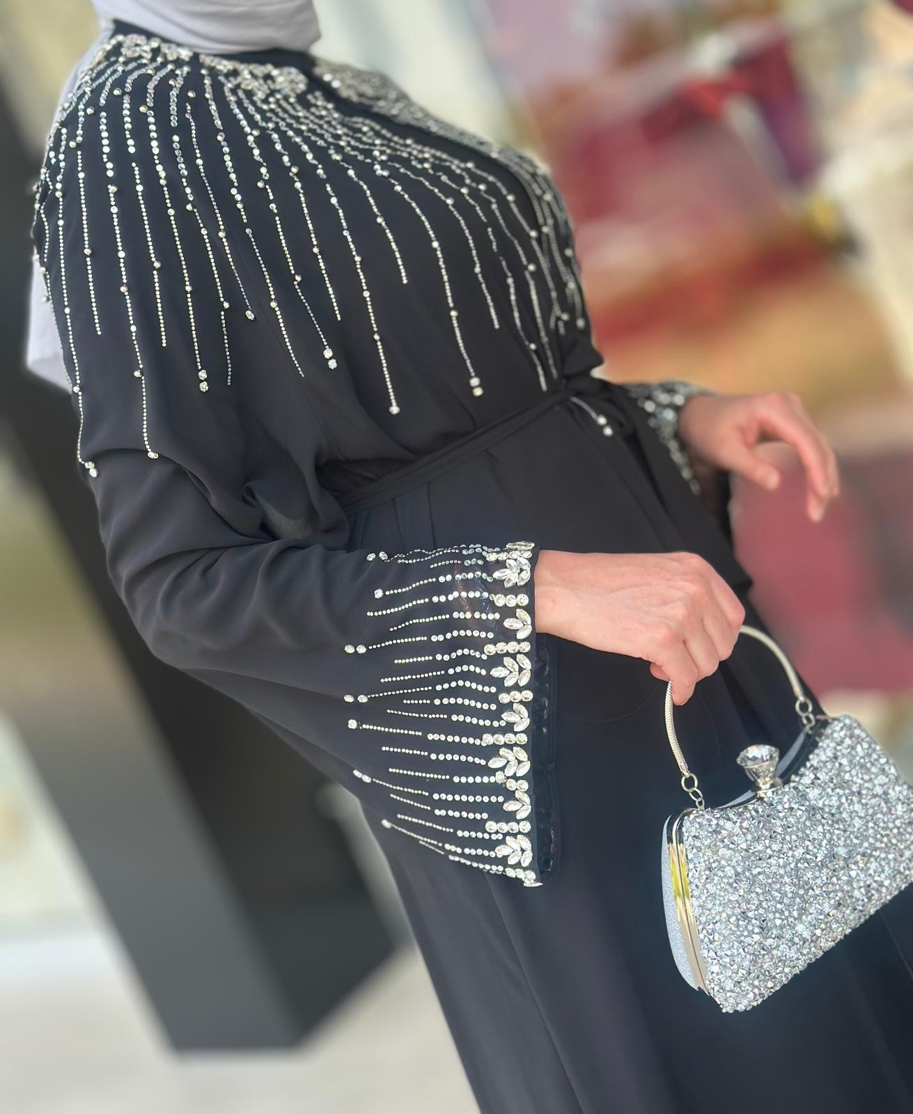 Yaka Ve Kol Uçları Taşlı Abaya-Tac 6178