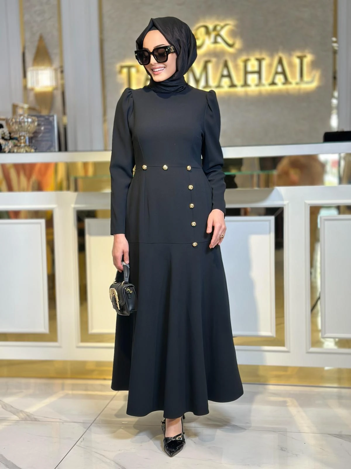 Gold Düğmeli Volan Elbise-Tac 4003 - SİYAH