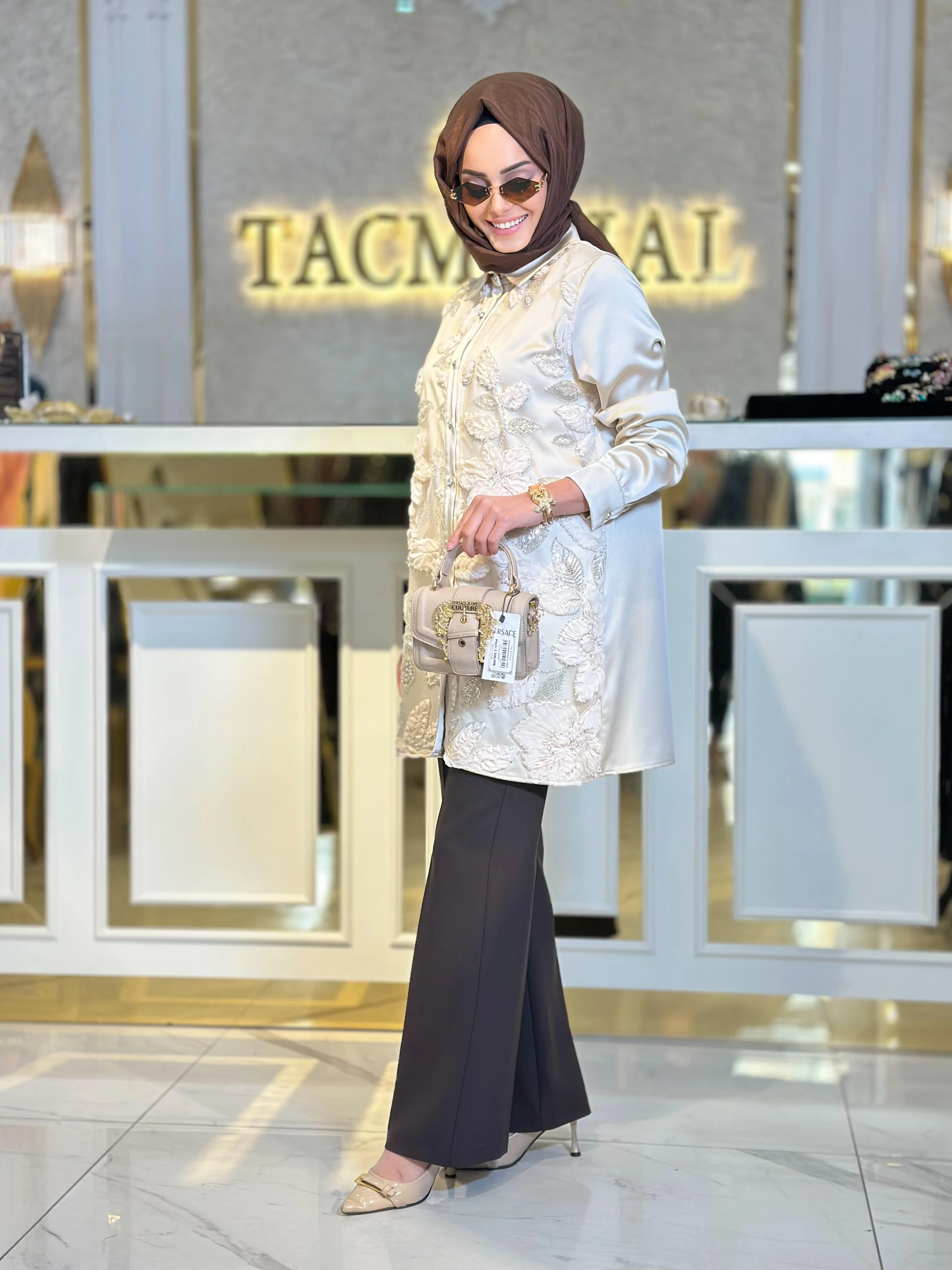 Tül Kabartmalı Taşlı Tunik-Tac 3209