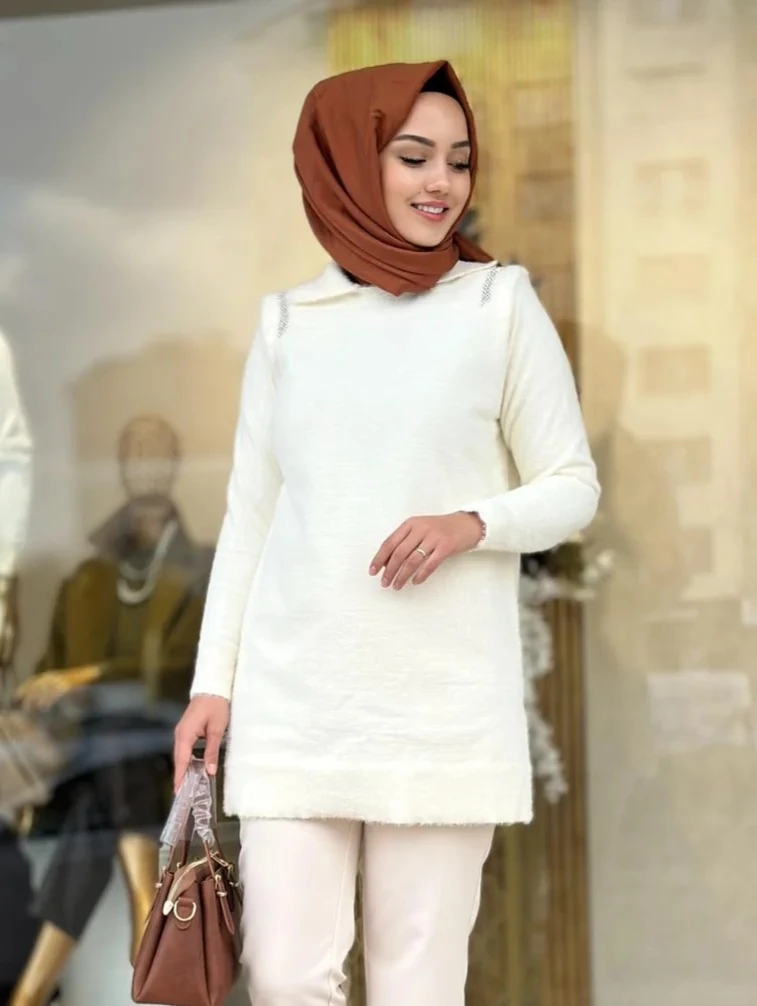 Omuzları Taşlı Angora Tunik-Tac 140443 - Beyaz