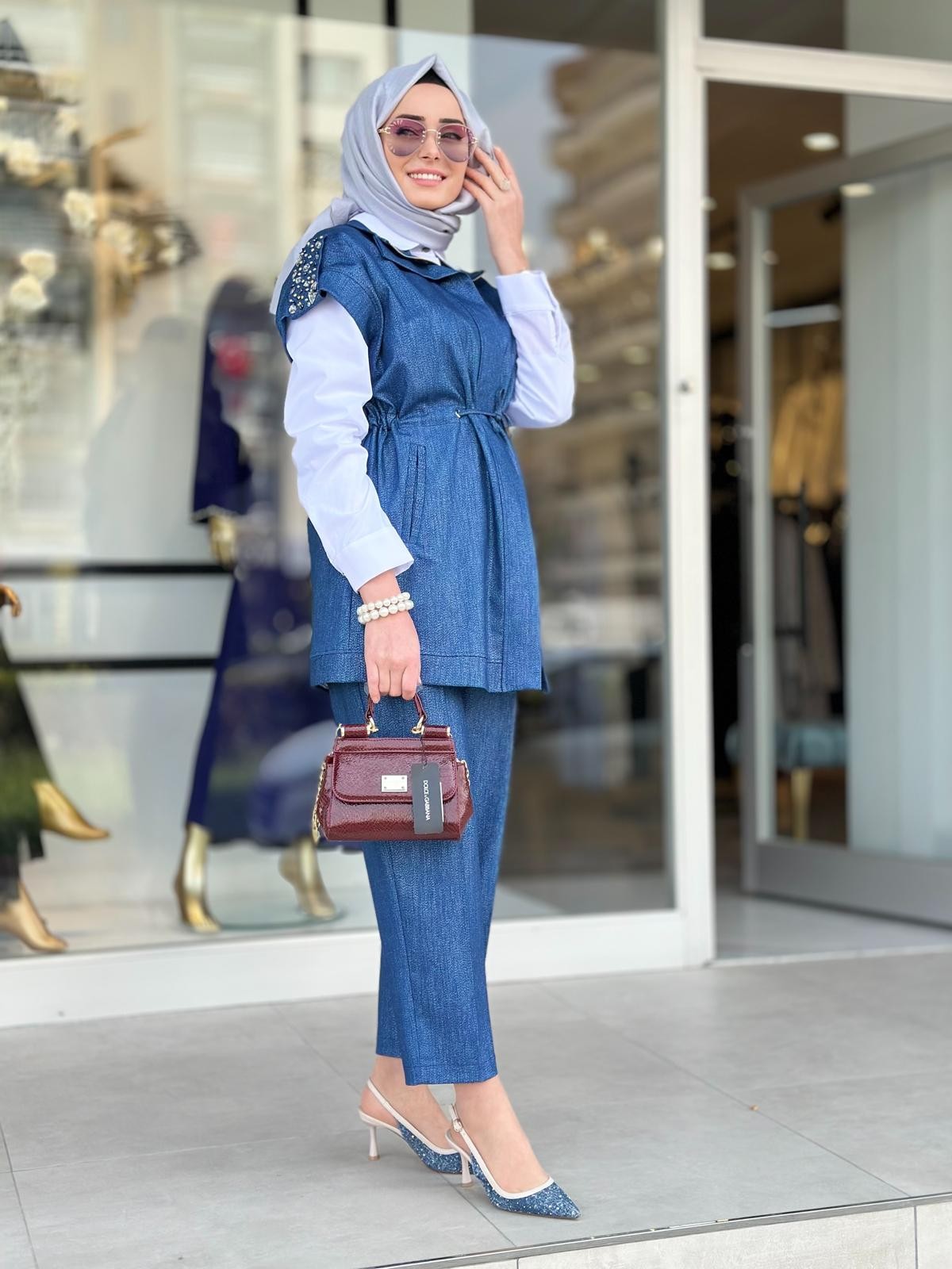 Simli Denim Yelekli Takım-Tac 3013