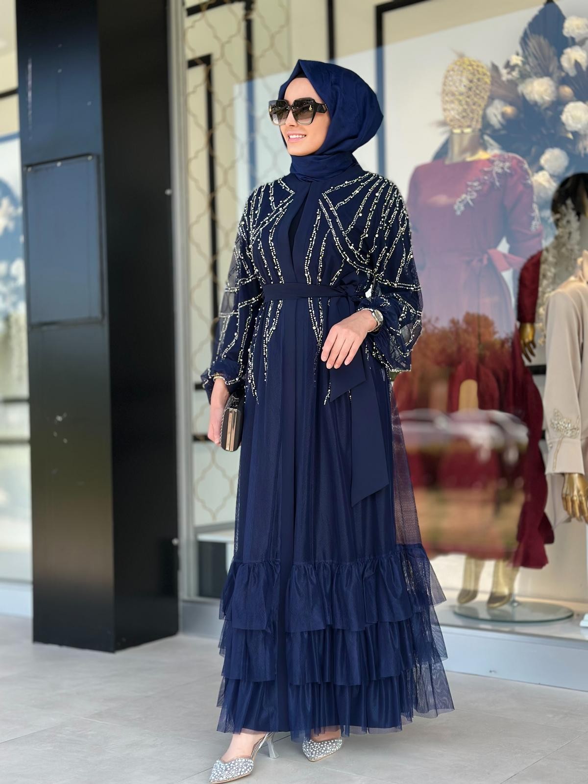 Taşlı Tül Çakım Abaya-Tac 6184