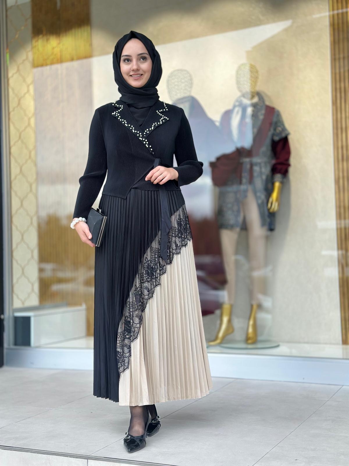 Yakası İncili Elbise-Tac 85270