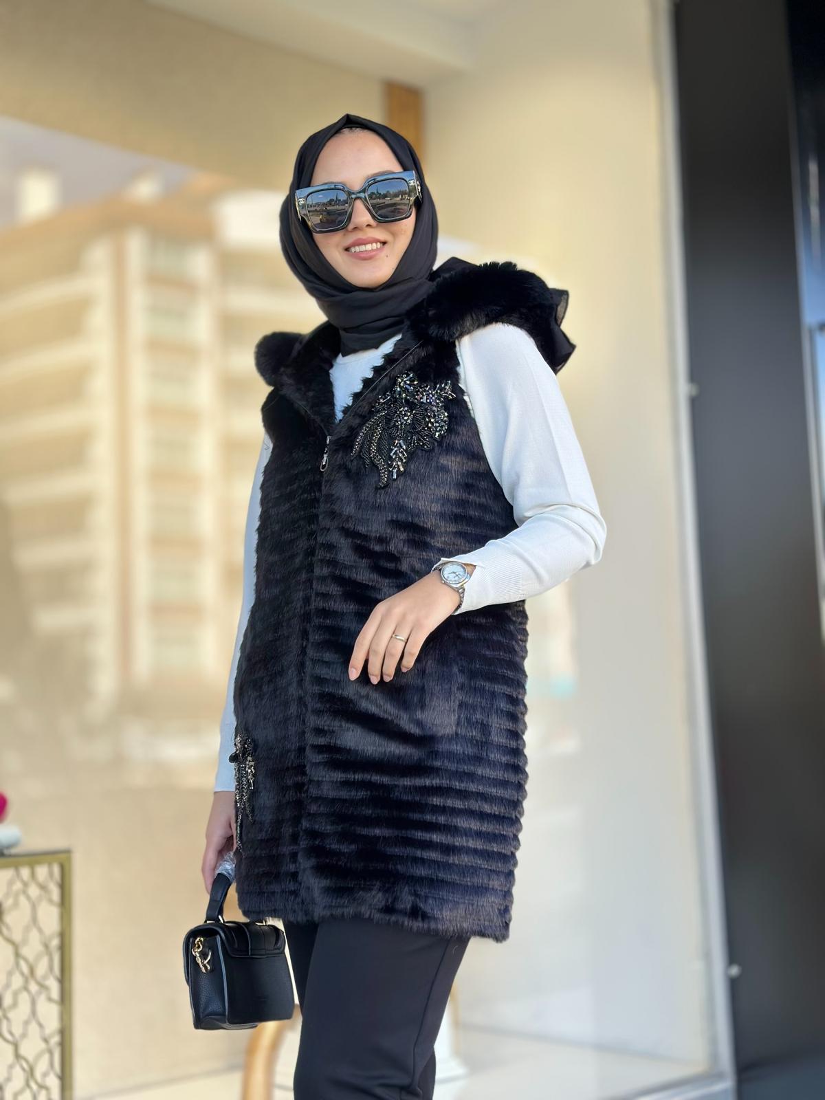 Taş Det.Angora Yelek-Tac 2935 - SİYAH