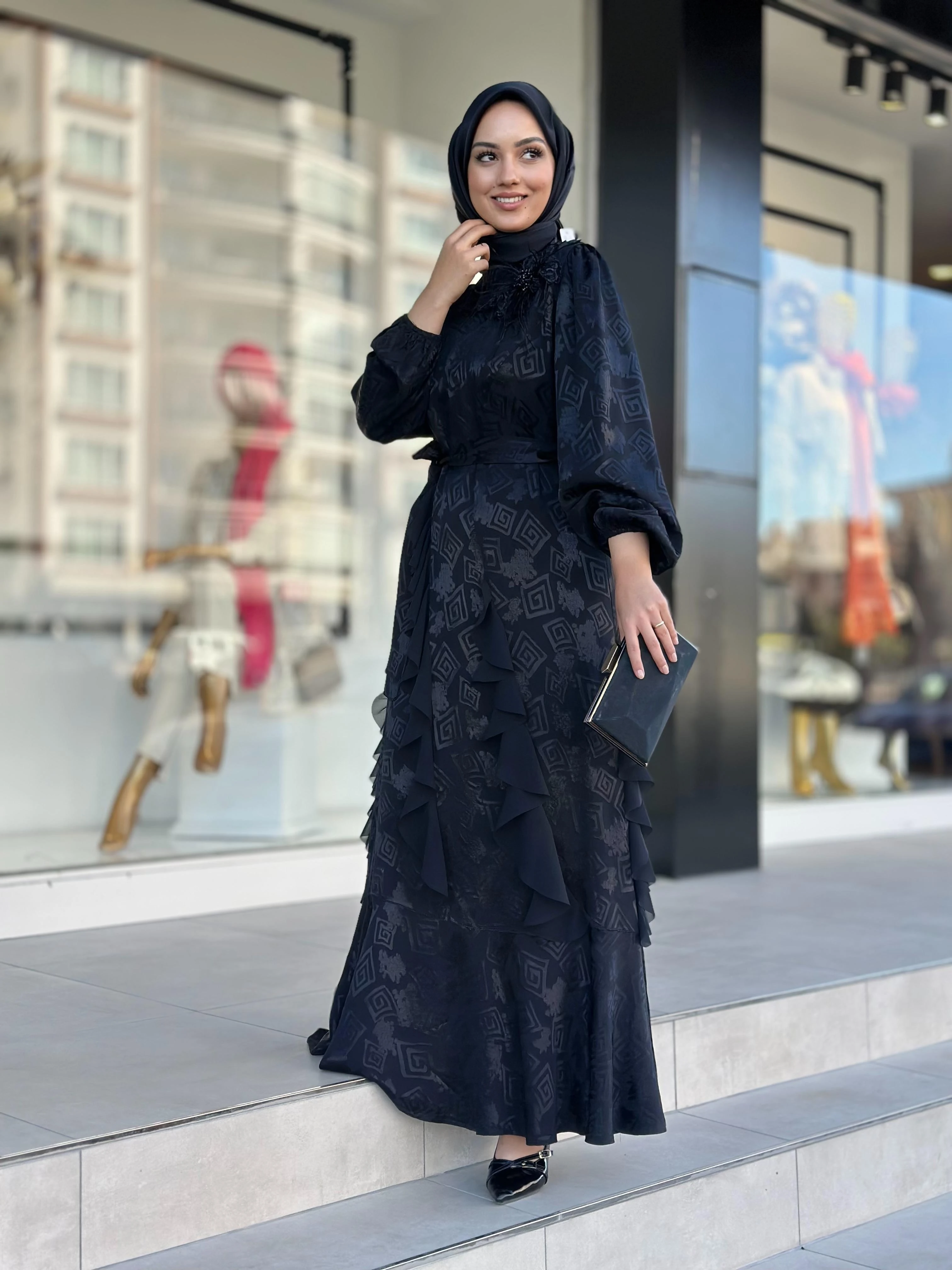 Omzu İşlemeli Jakar Elbise-Tac 05602