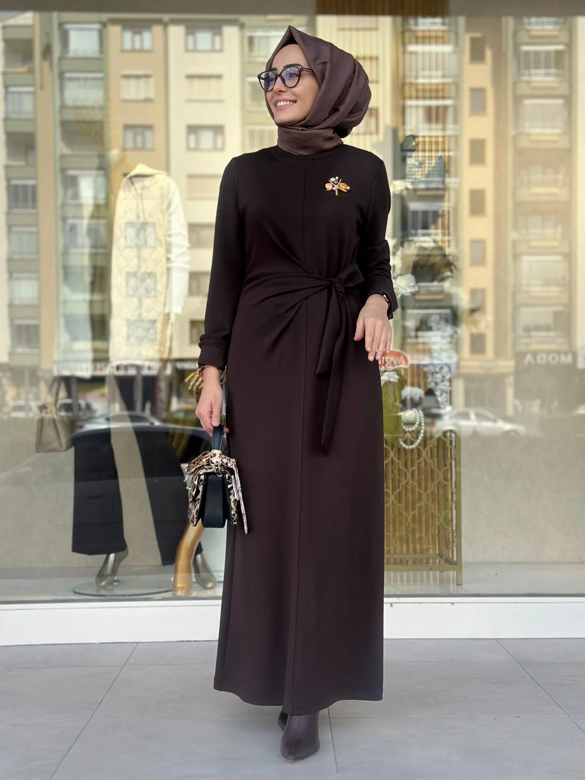 Drape Det. Elbise-Tac 13230 - KAHVERENGİ