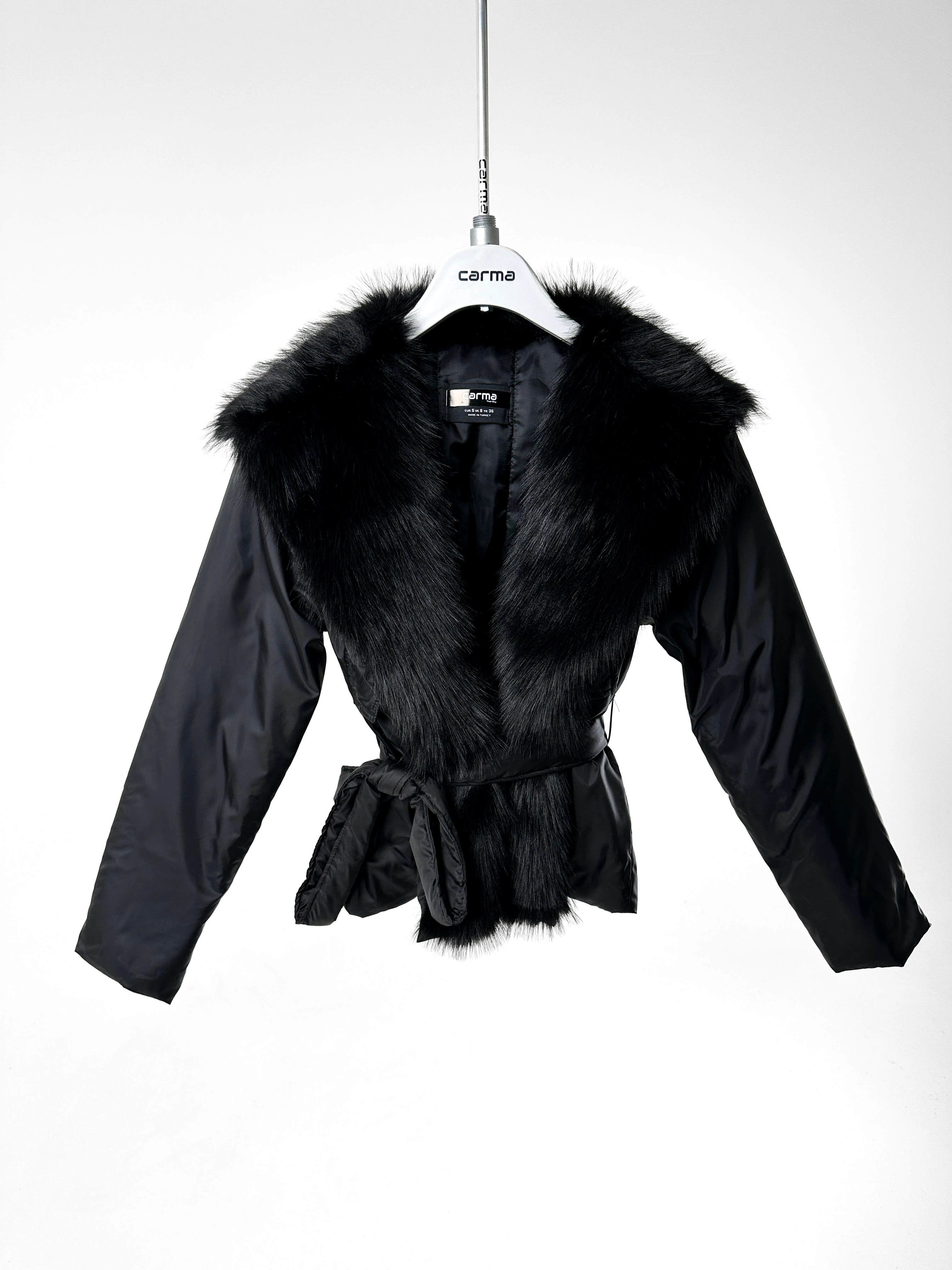 Kürklü Kuşaklı Mont - siyah