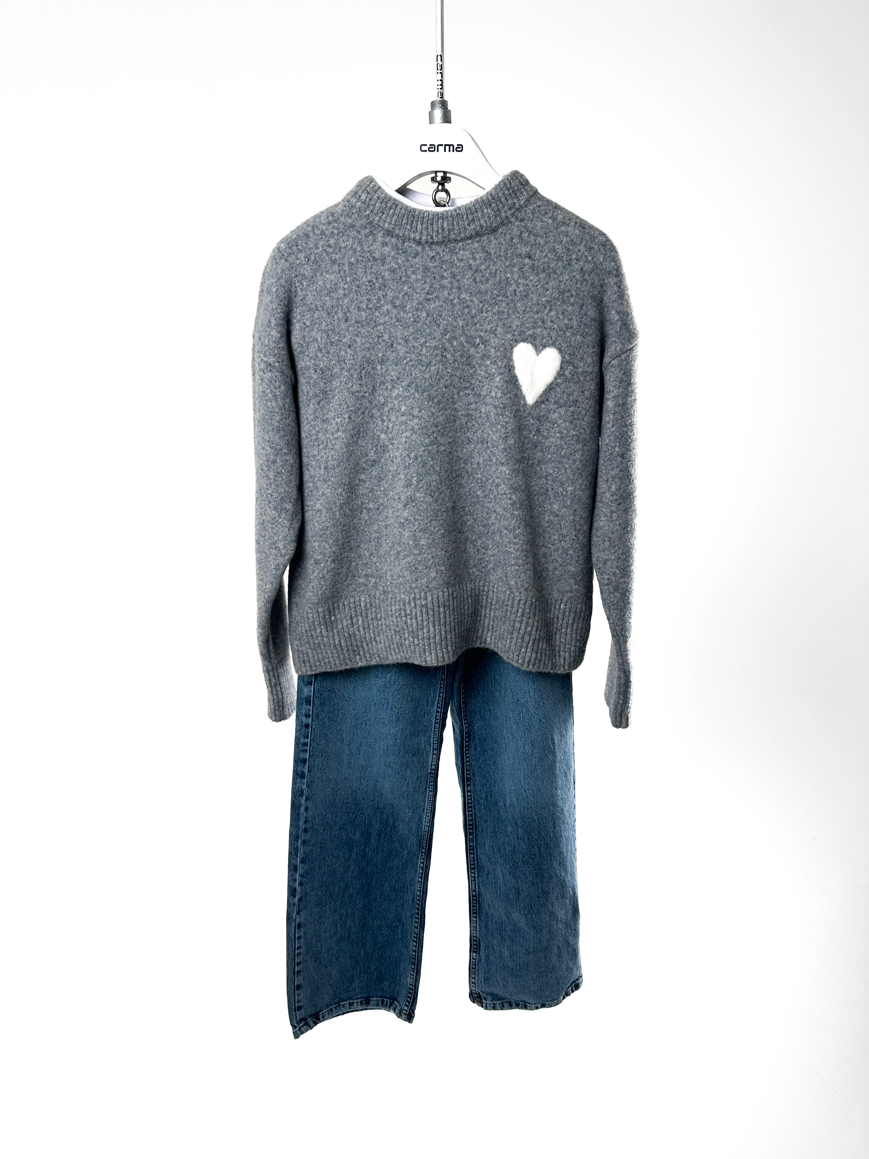 Kalp Desenli Salaş Triko Kazak - gri