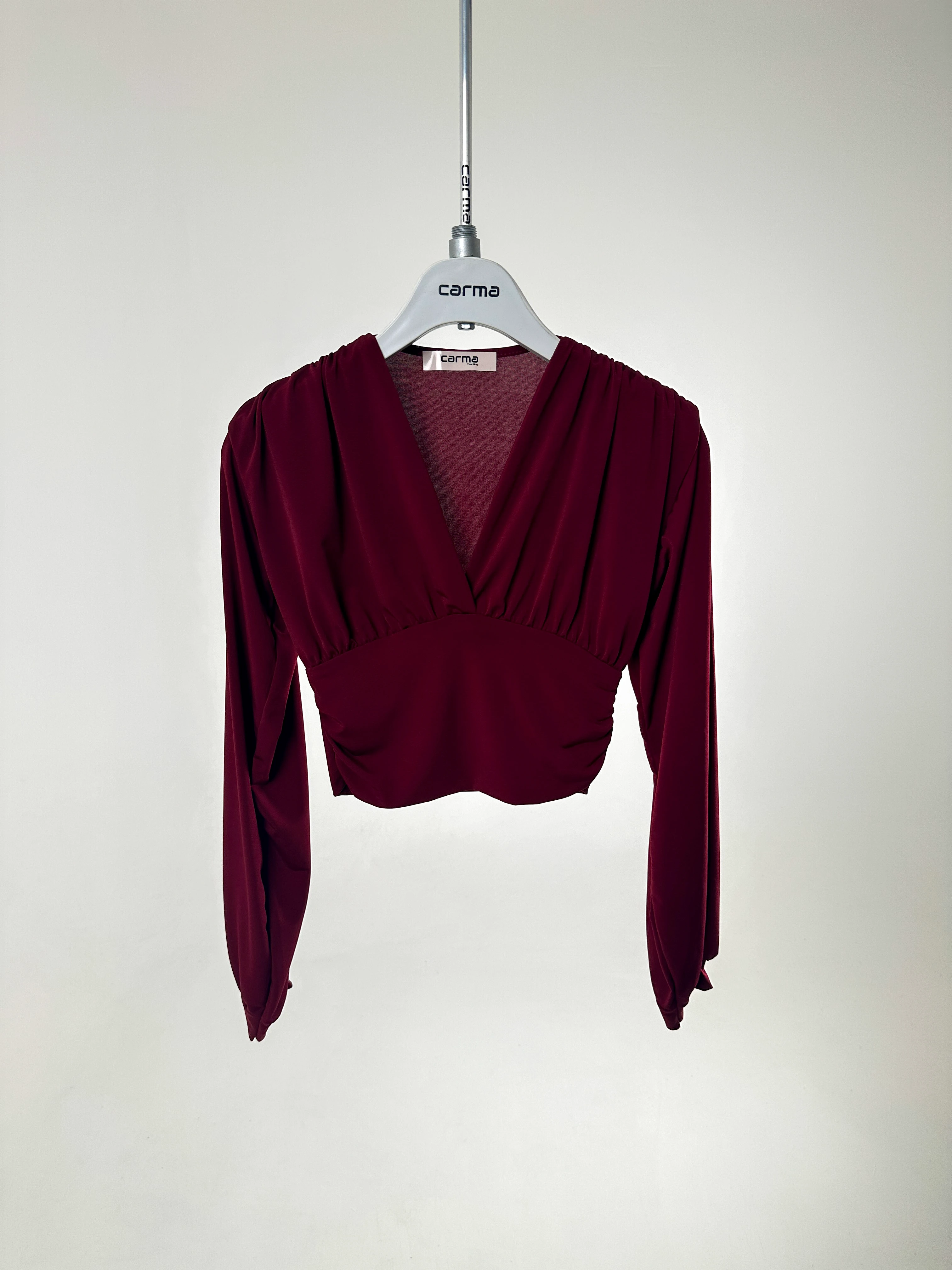 Drapeli V Yaka Crop Bluz - bordo