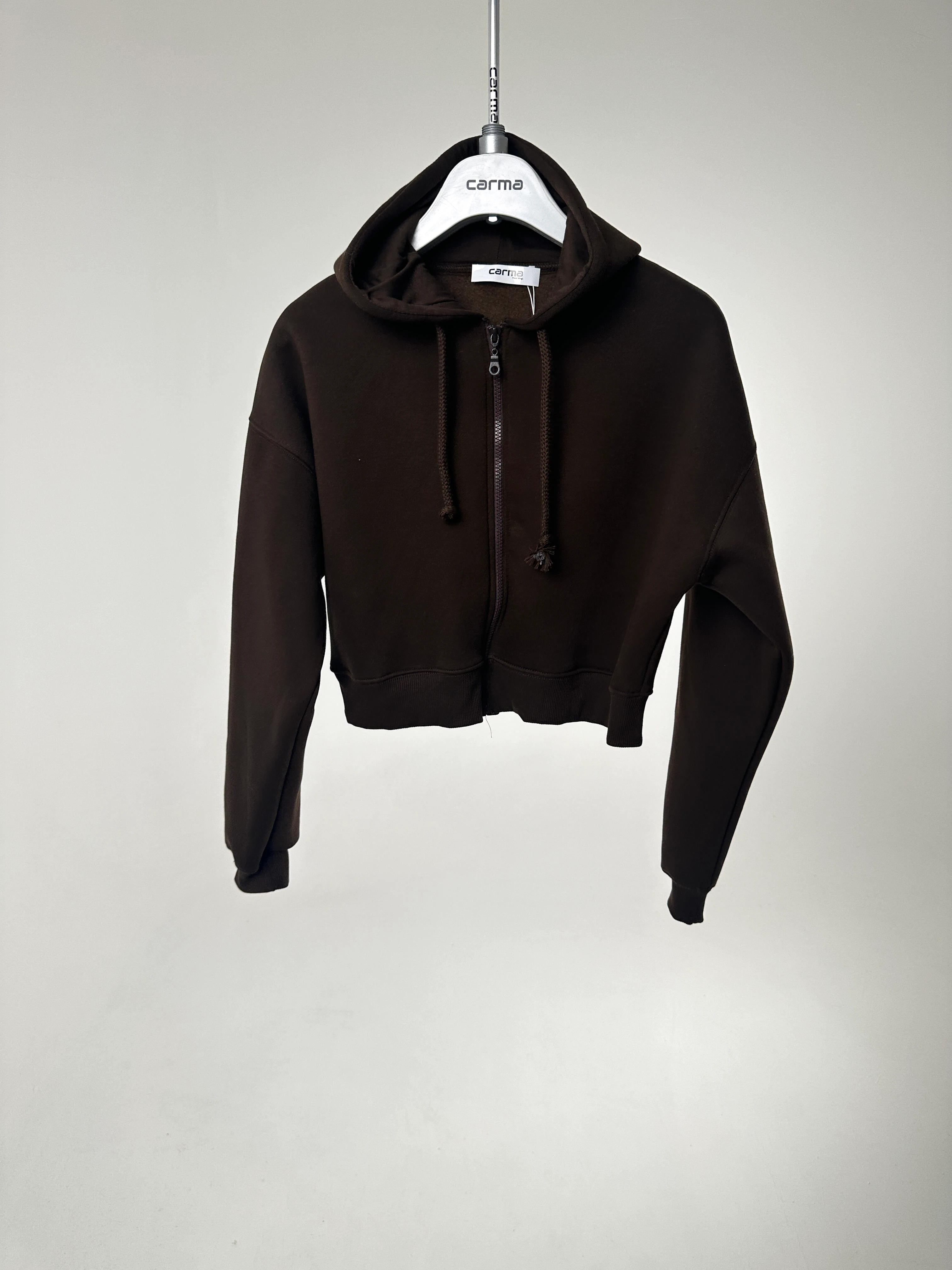Basic Crop Zip Hoodie - acı kahve