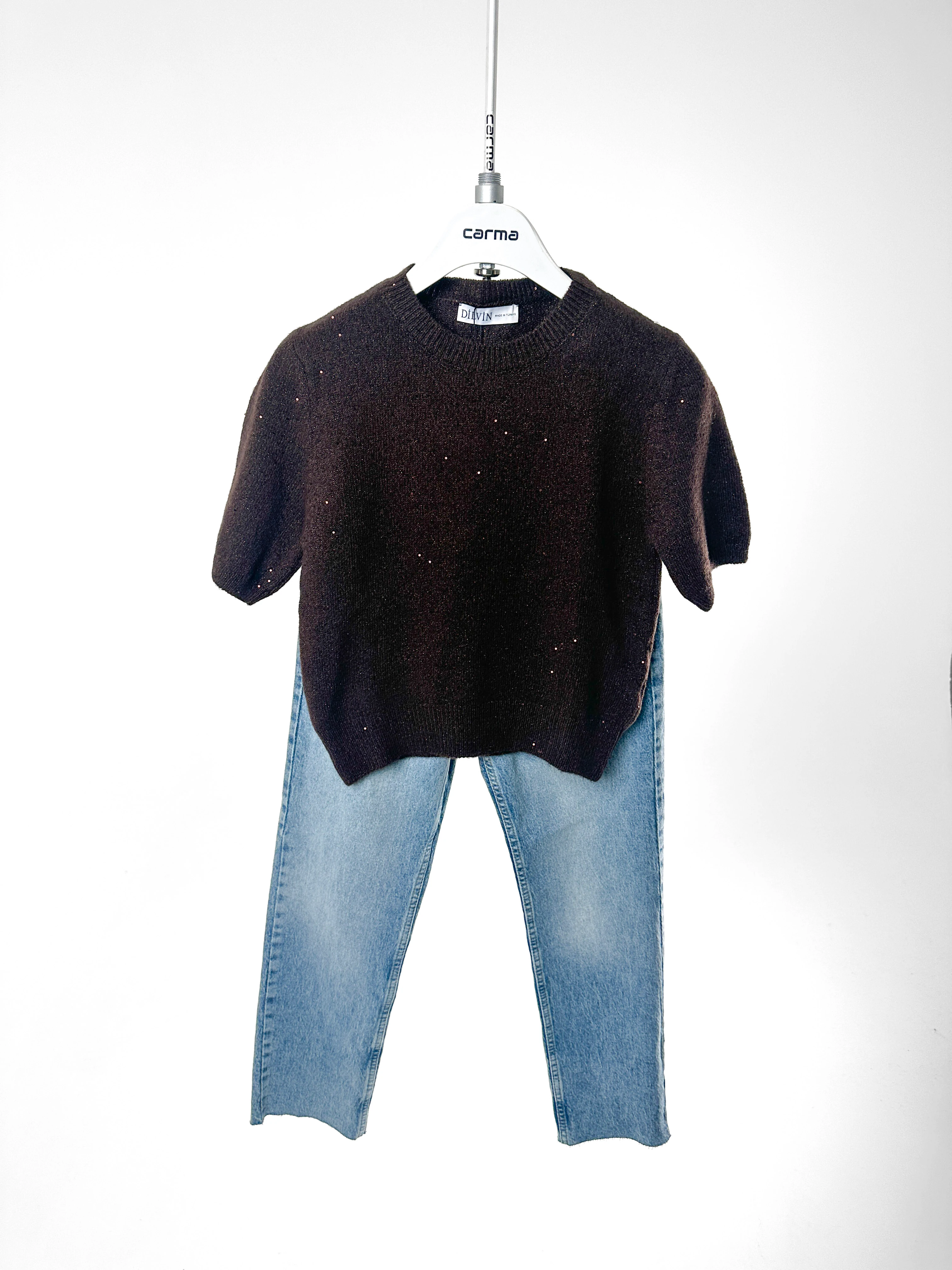 Pul Dokulu Simli Kısa Kol Kazak - acı kahve