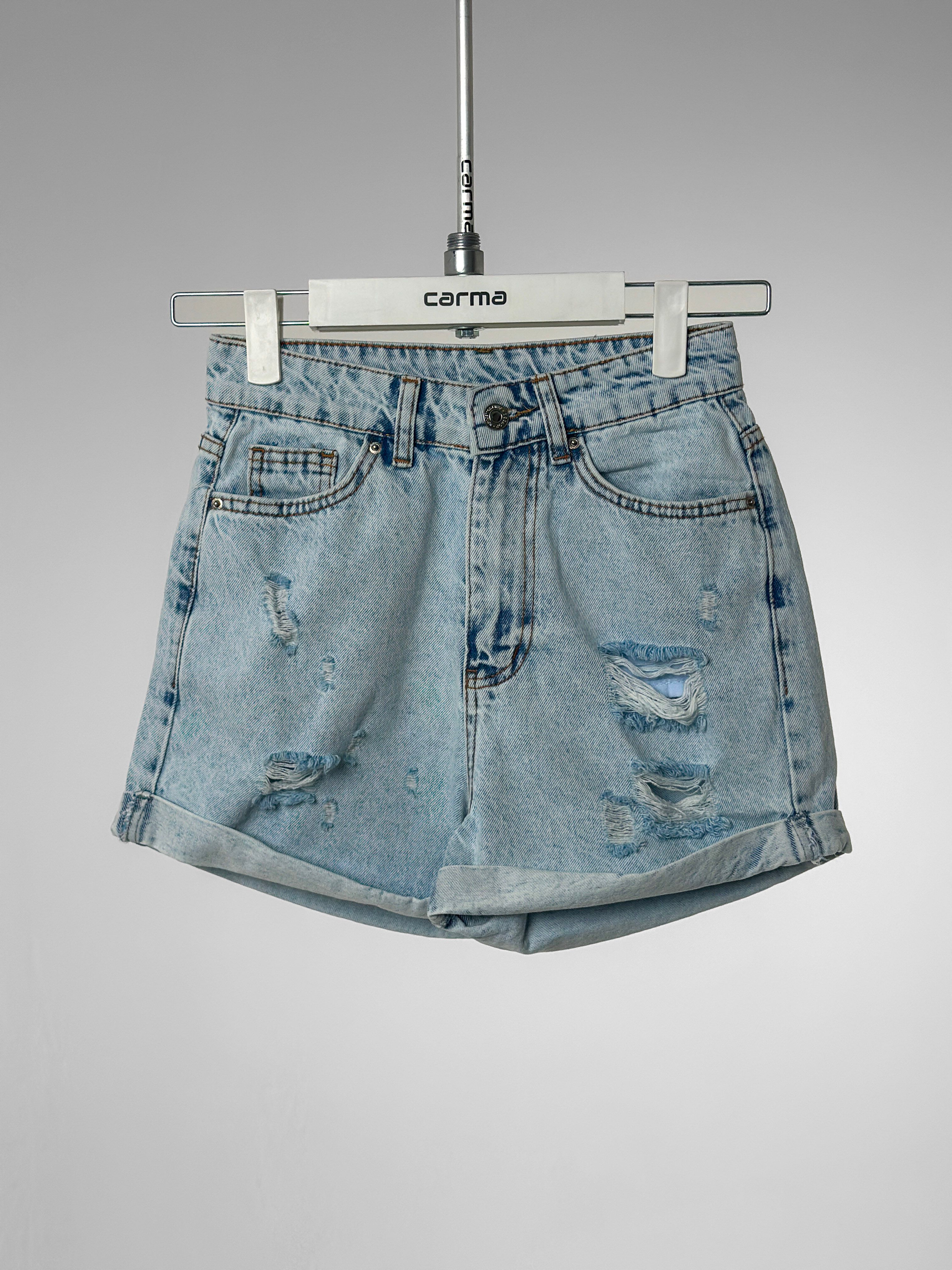 Raw Edge Denim Şort - yıkamalı açık mavi