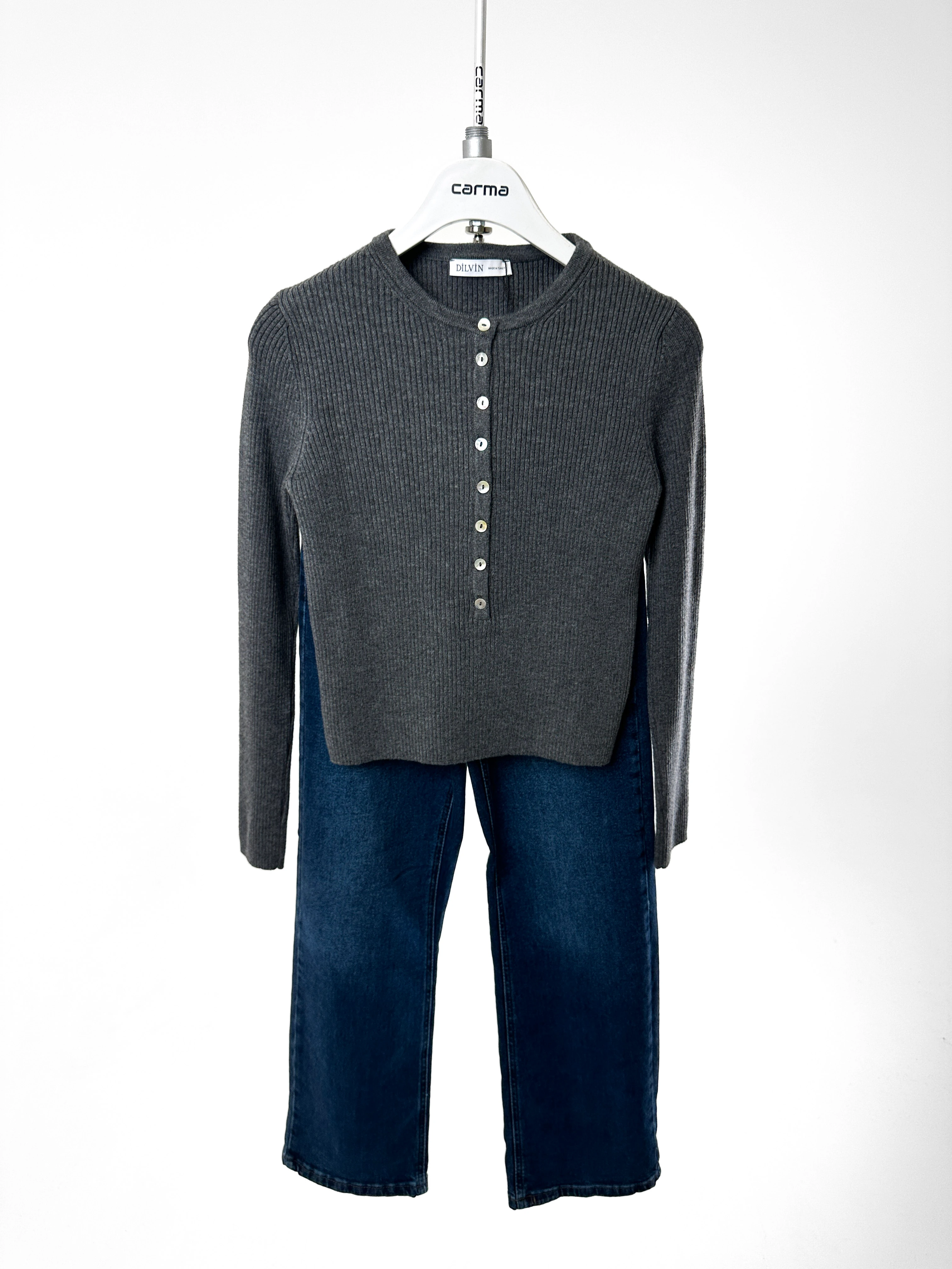 Düğmeli Fit Ribana Kazak - antrasit