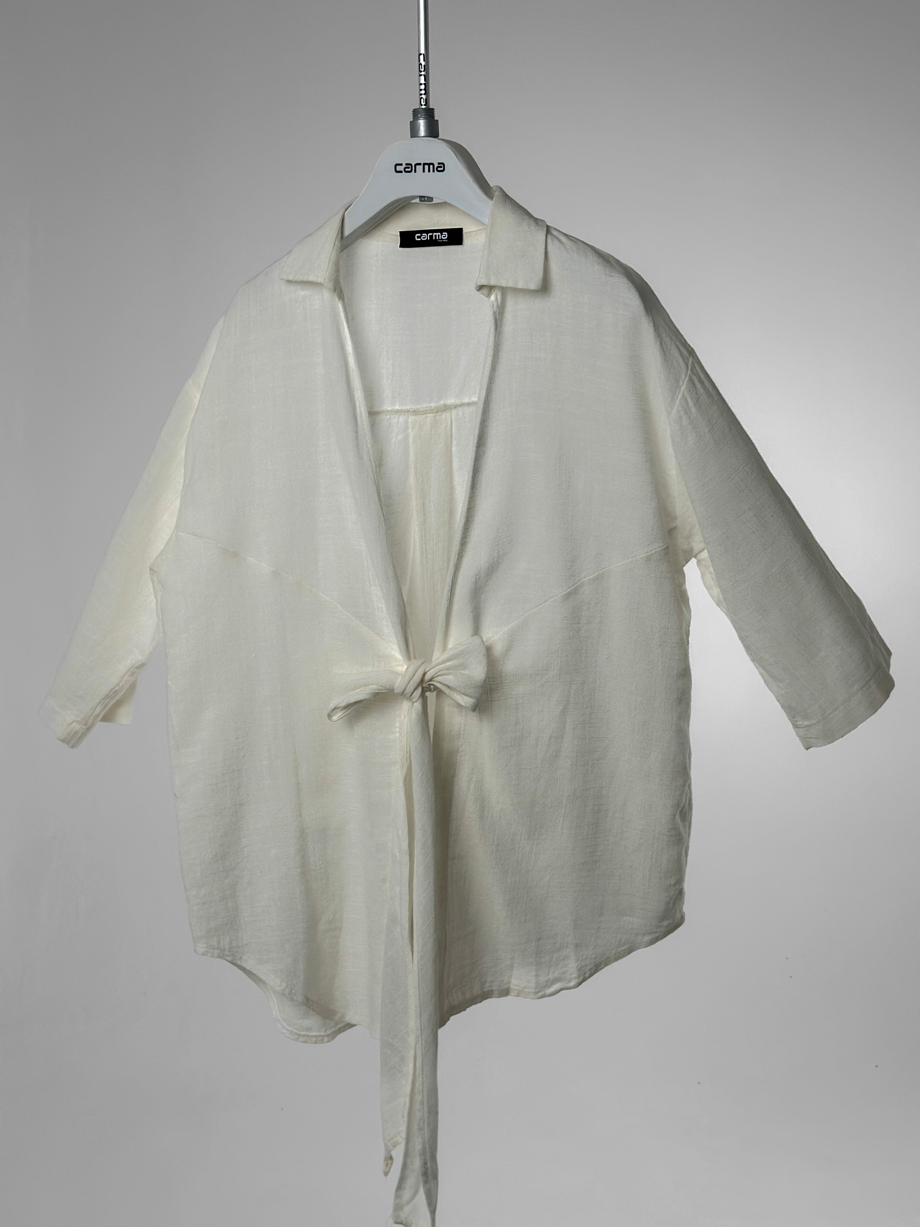 Keten Dokulu Kimono - kırık beyaz