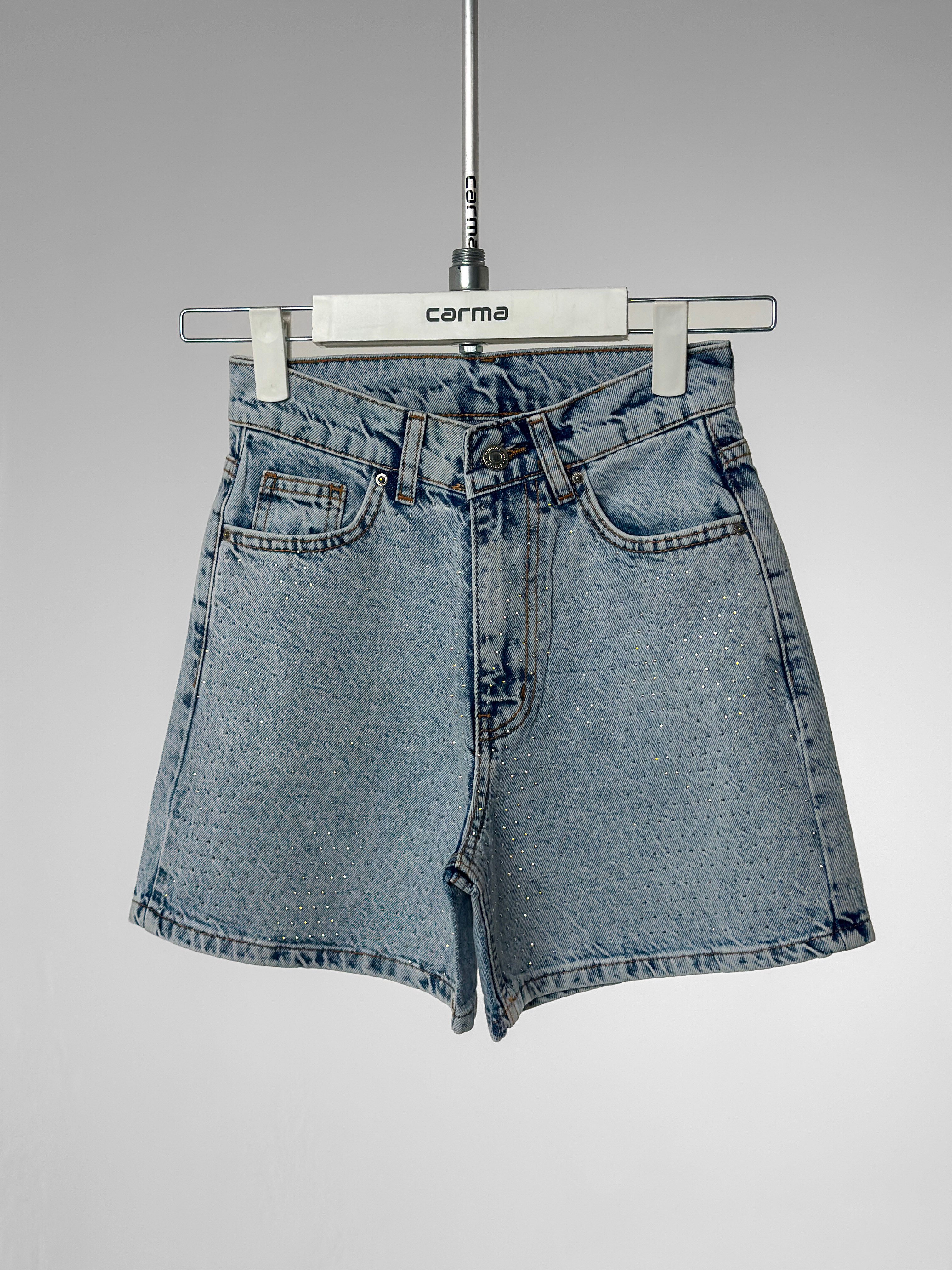 Taş Işıltılı Denim Şort - yıkamalı açık mavi