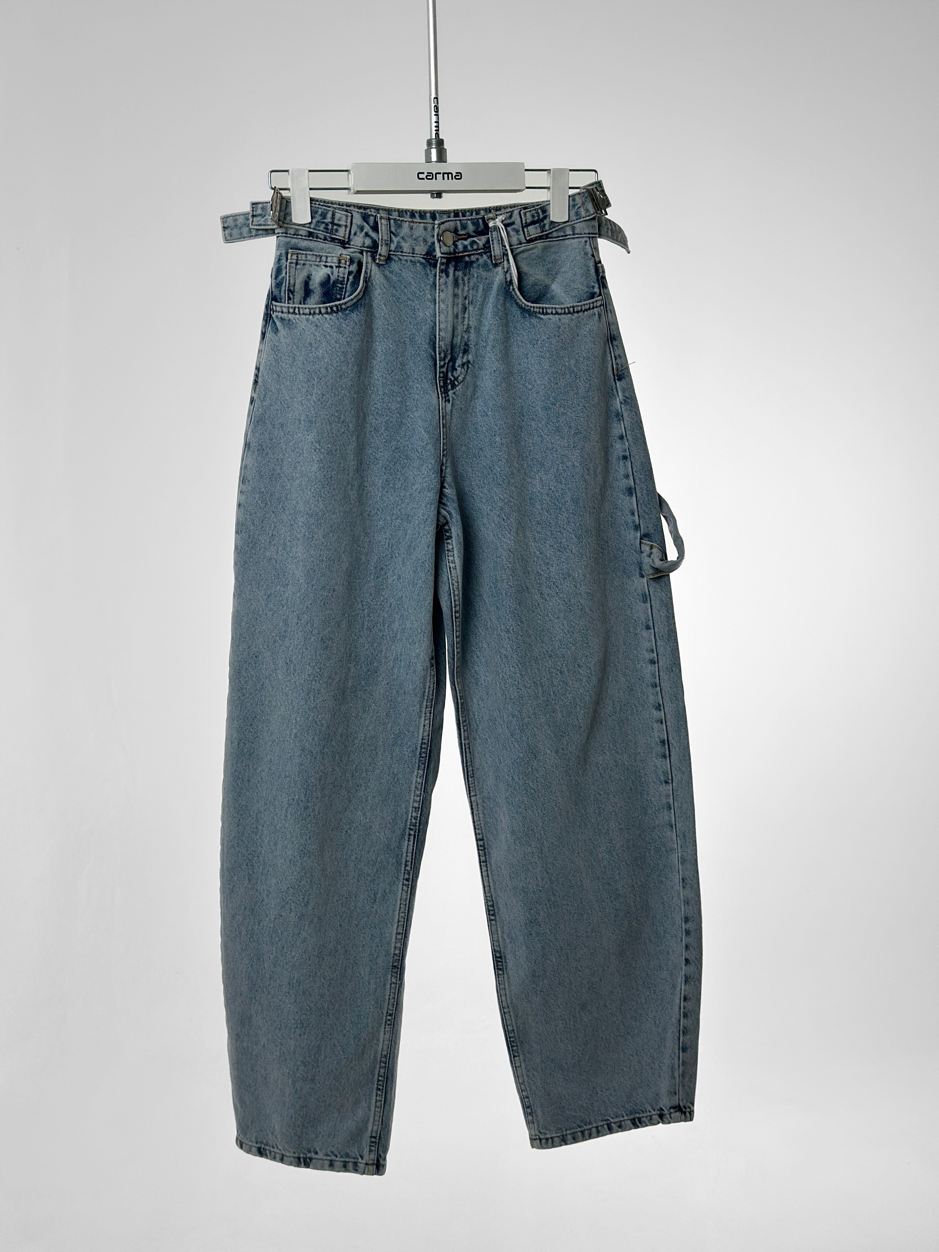 Tokalı Baggy Jean - yıkamalı açık mavi