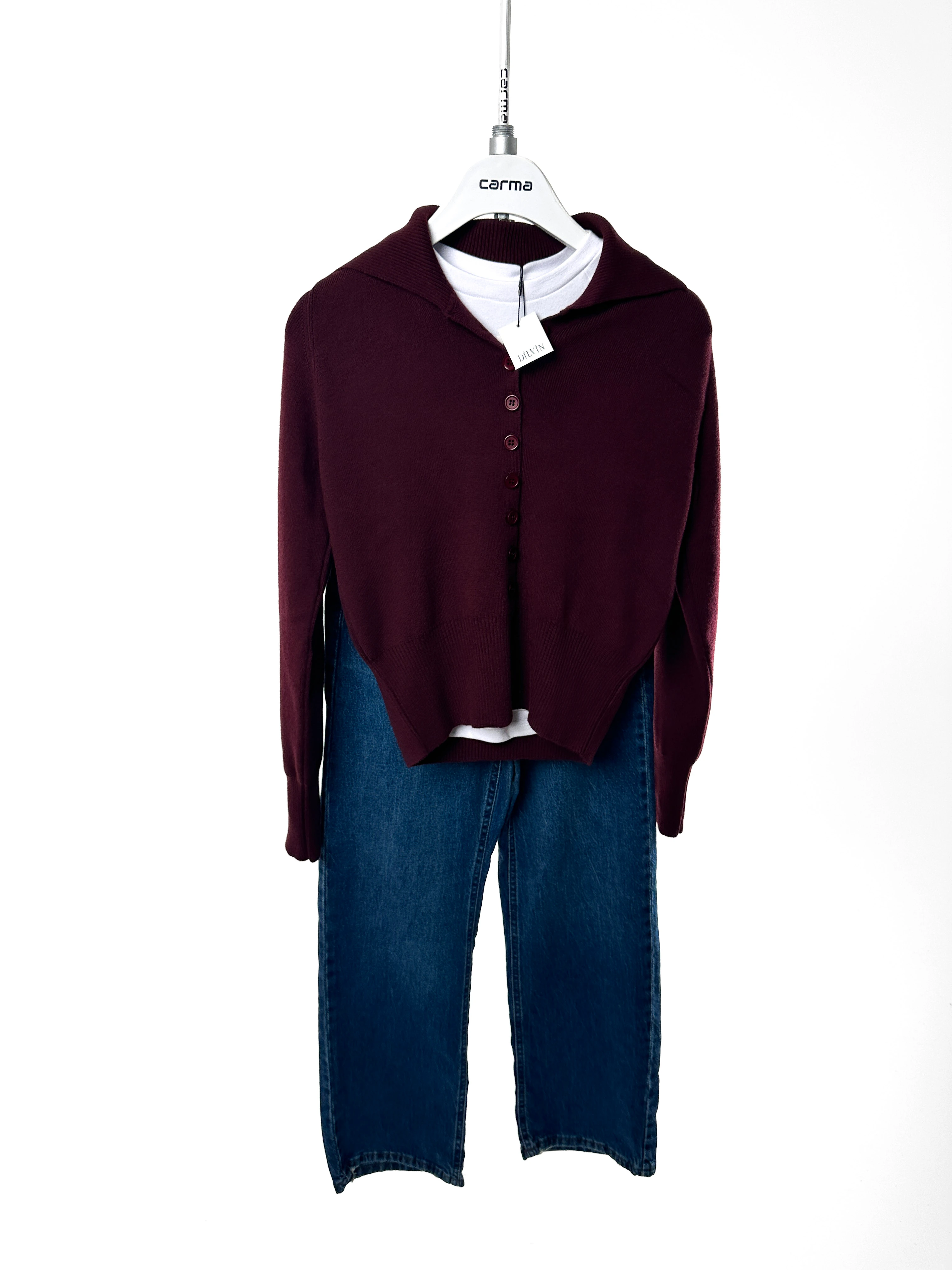 Düğmeli Polo Yaka Triko Hırka - bordo