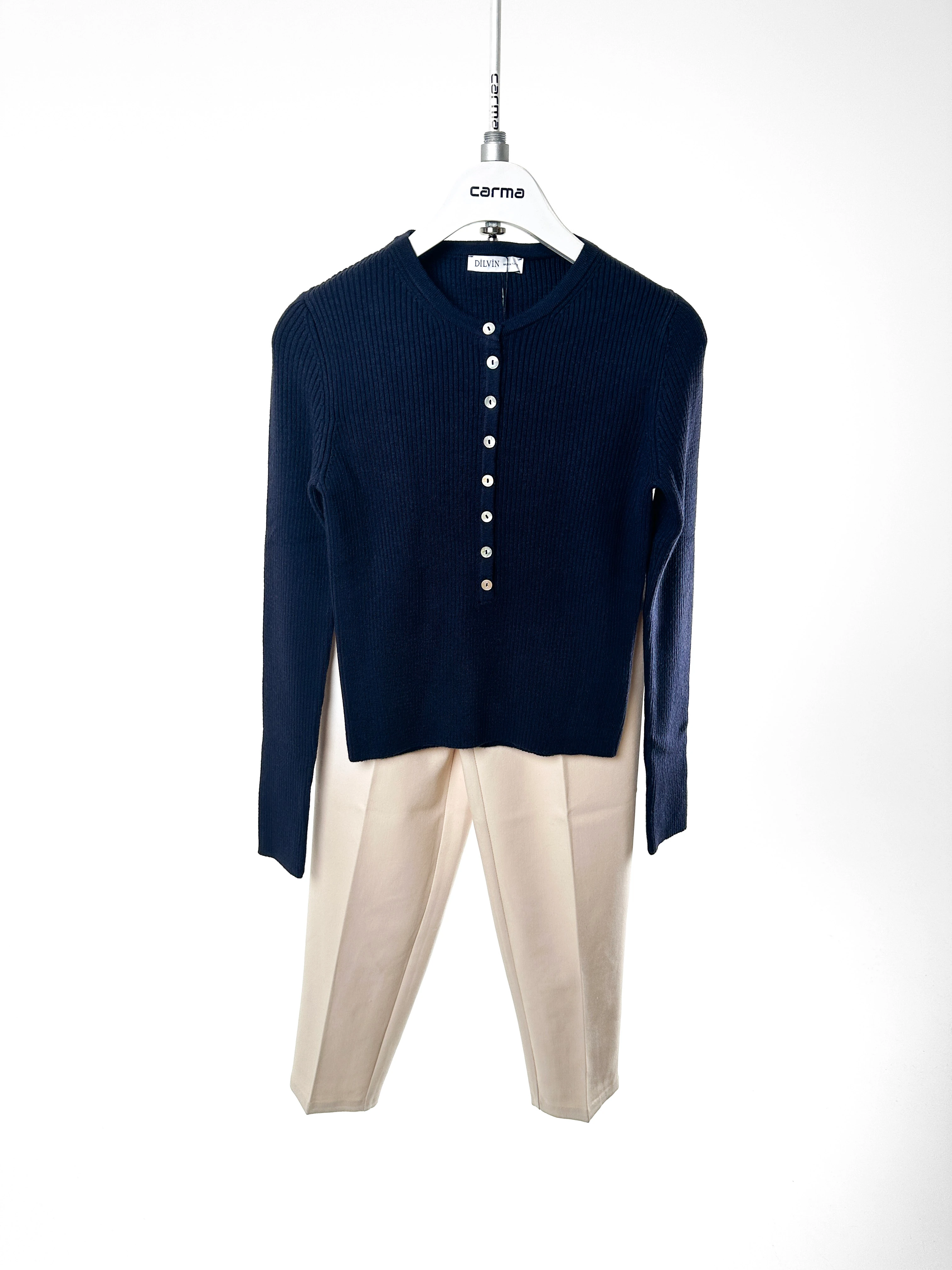 Düğmeli Fit Ribana Kazak - lacivert