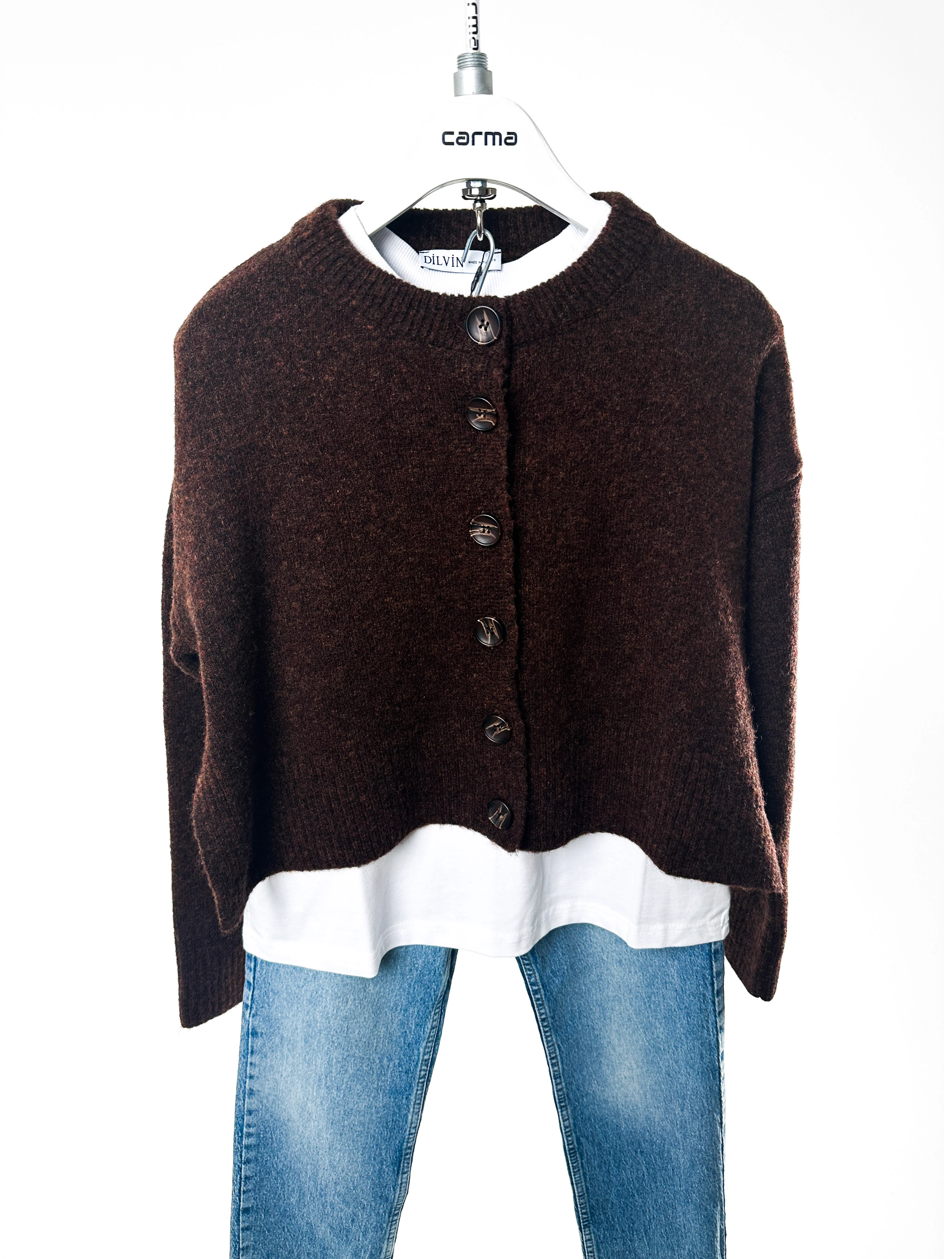 Kahverengi Düğmeli Oversize Triko