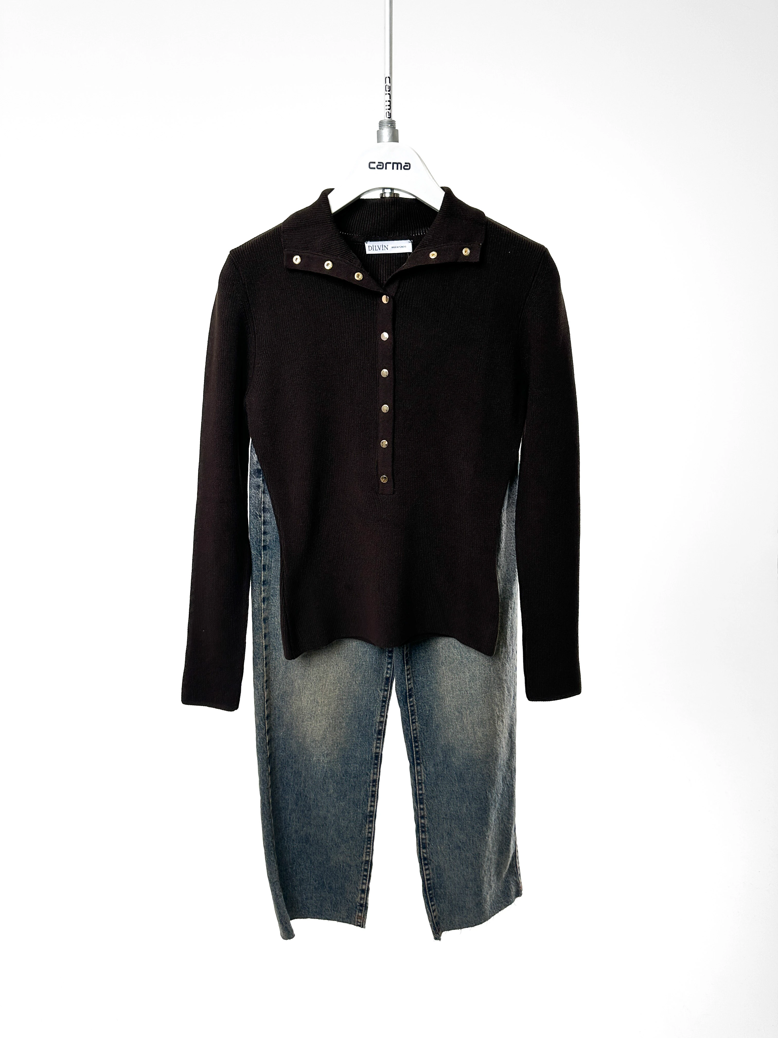 Dik Yaka Çıtçıt Detaylı Triko - acı kahve