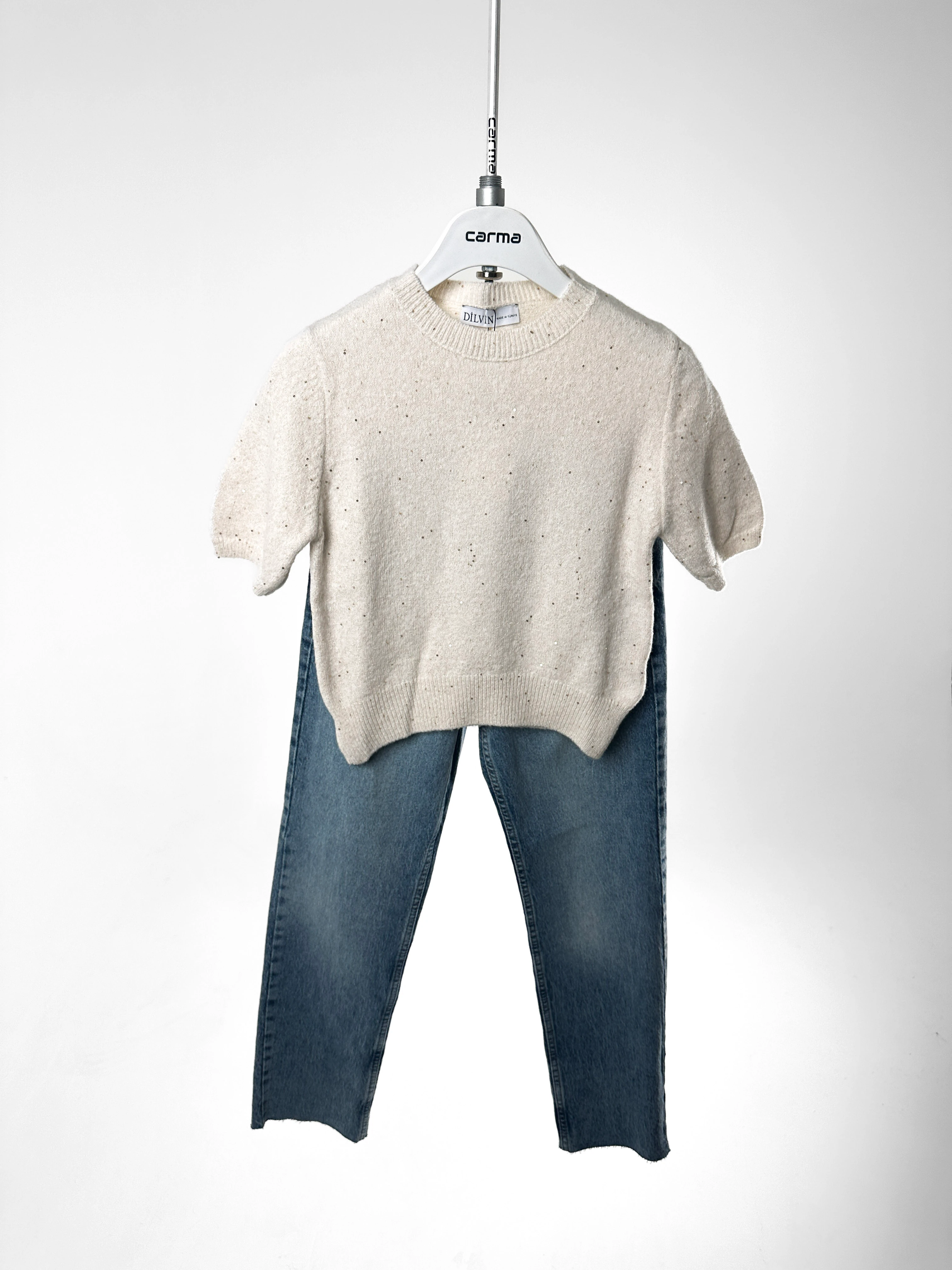 Pul Dokulu Simli Kısa Kol Kazak - ekru