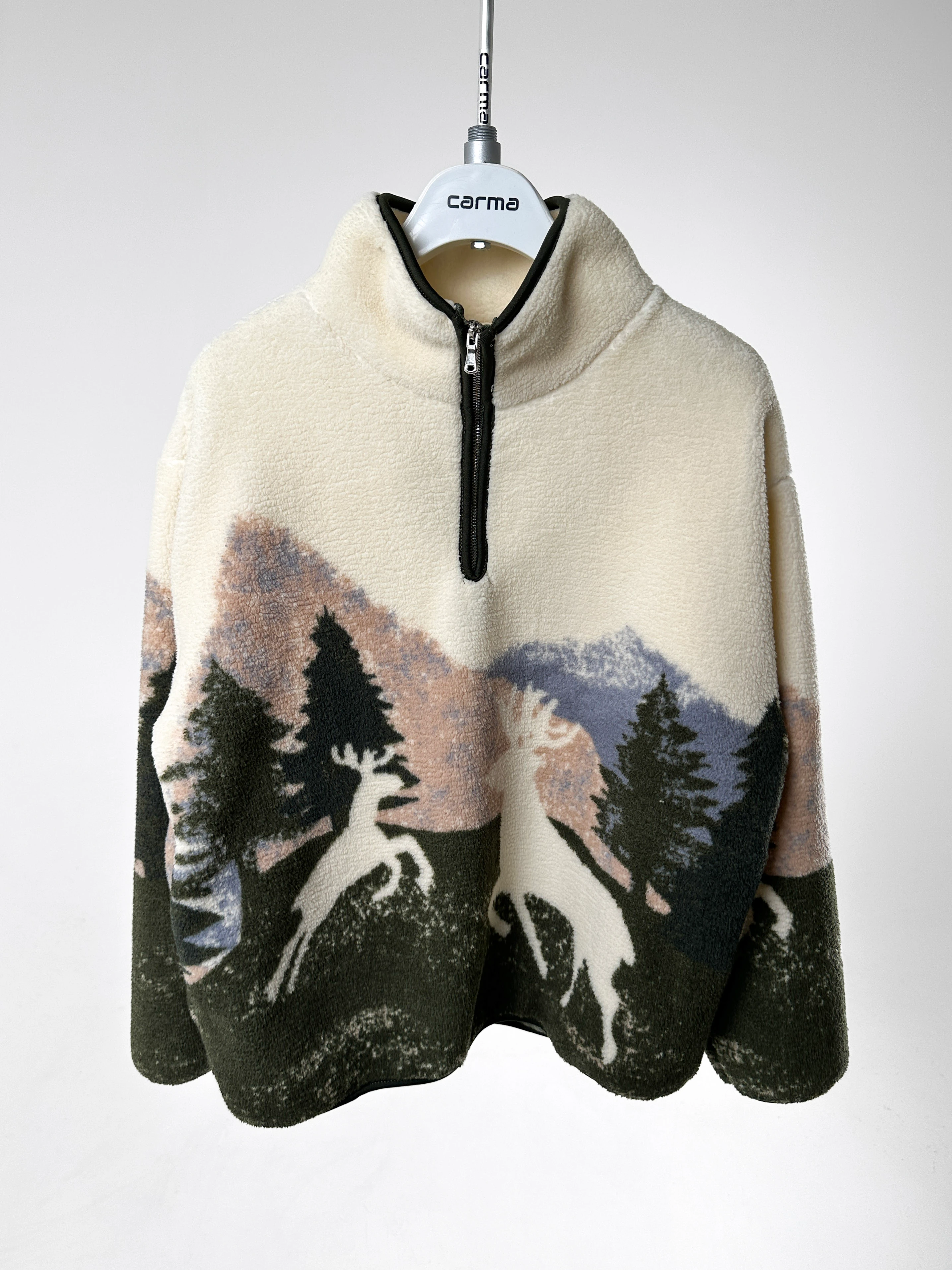 Desenli Yarım Fermuarlı Polar - krem