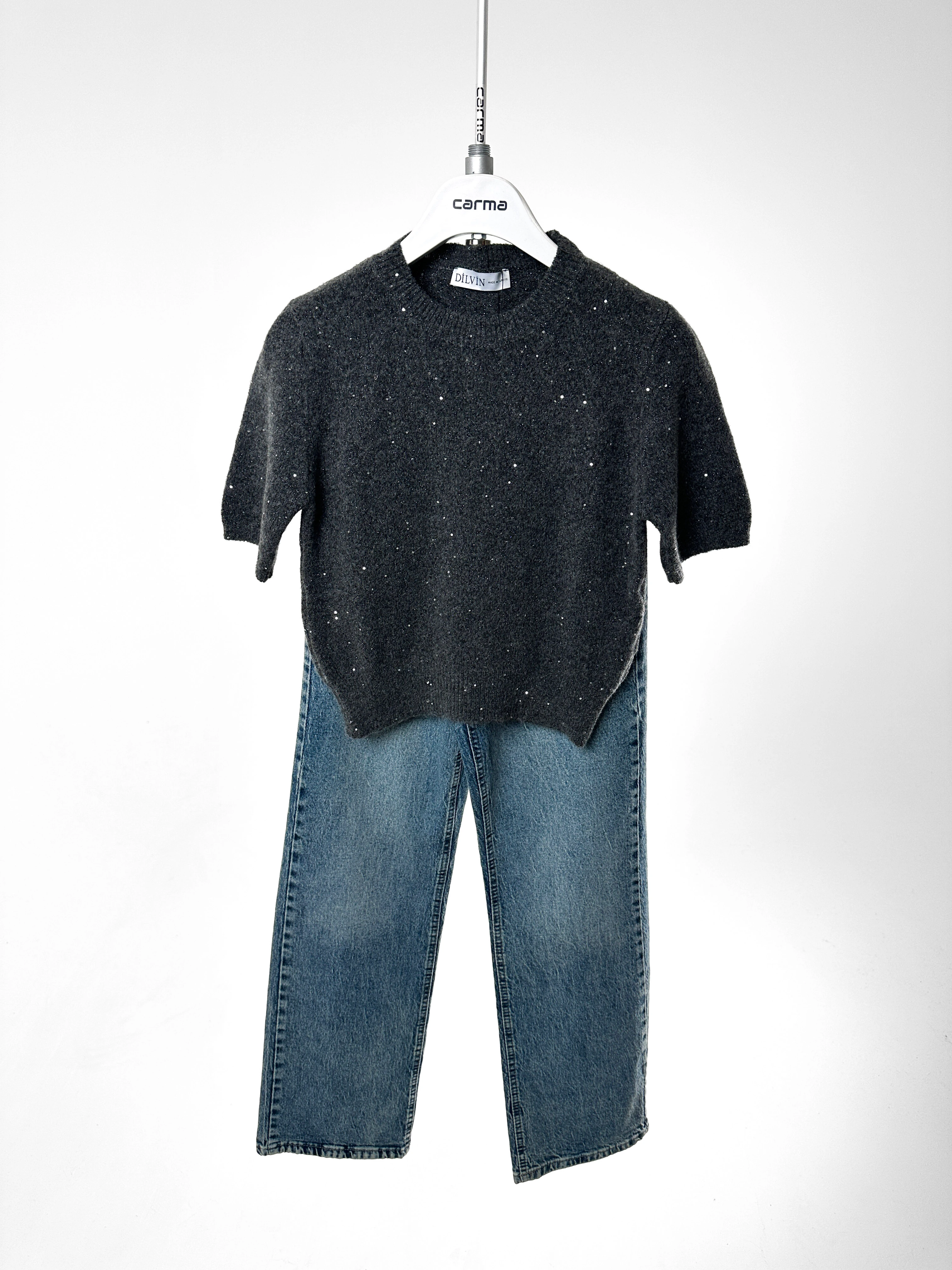 Pul Dokulu Simli Kısa Kol Kazak - antrasit