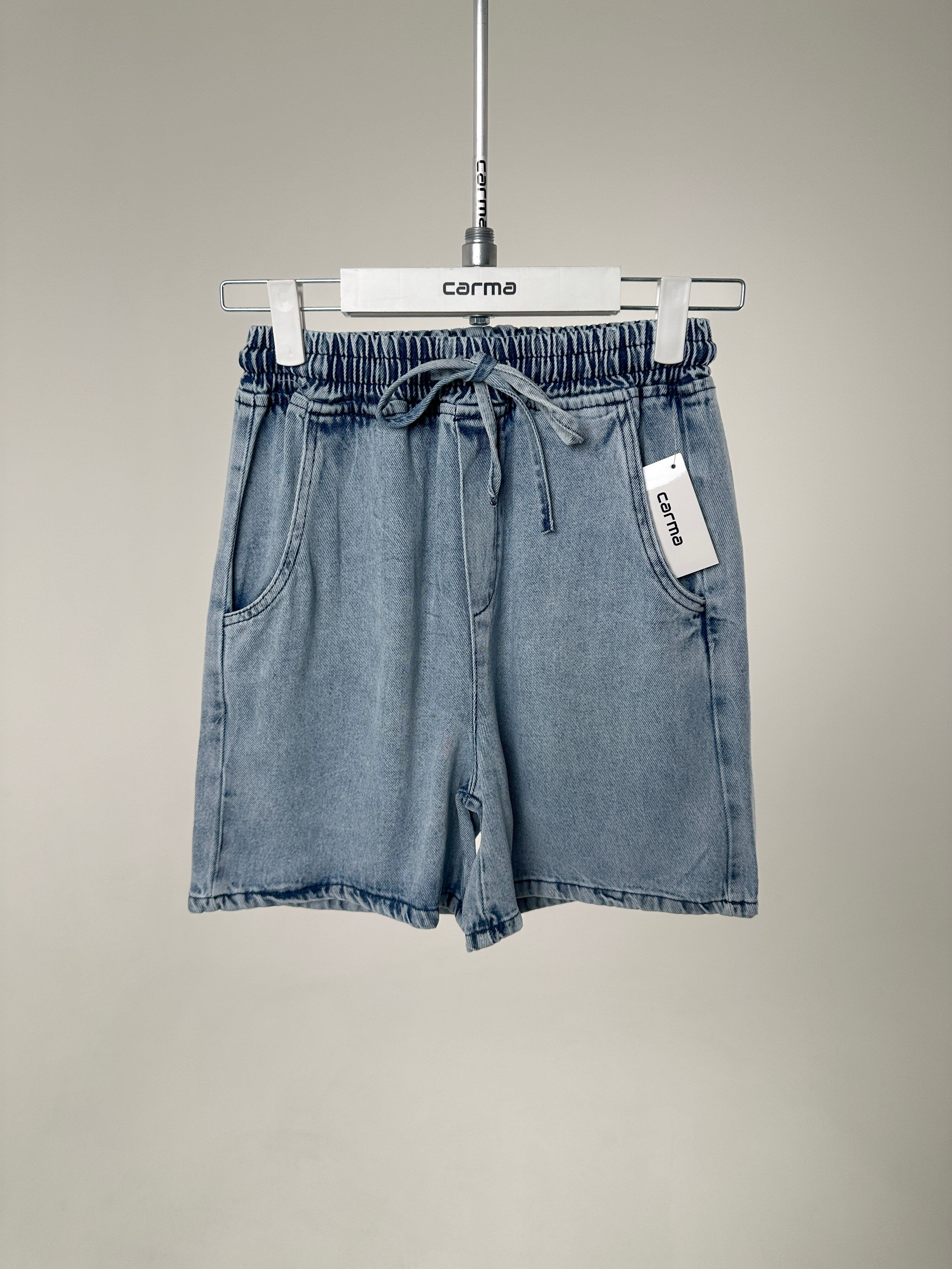 Lastikli Cepli Denim Şort - yıkamalı açık mavi