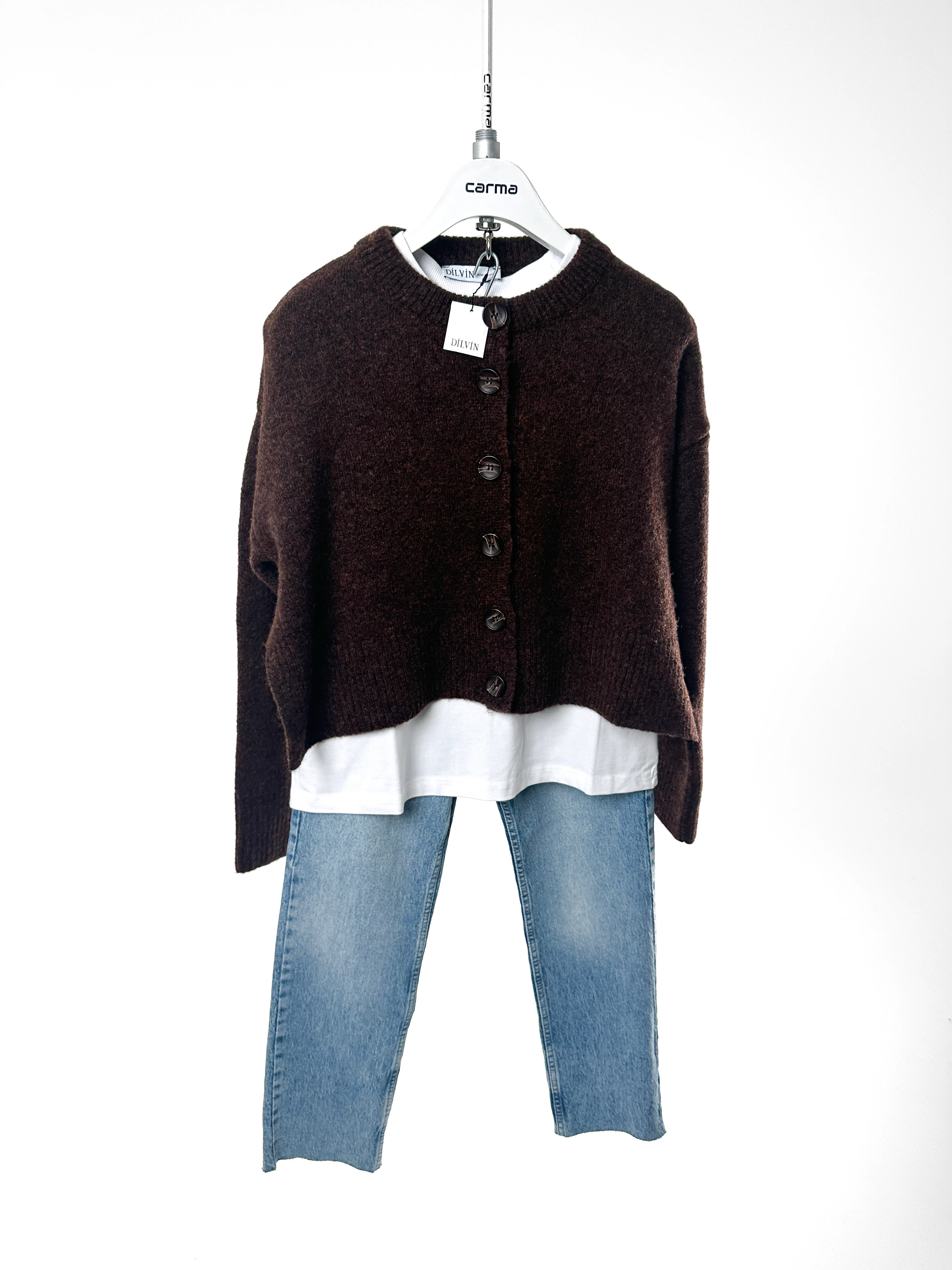 Kahverengi Düğmeli Oversize Triko - acı kahve