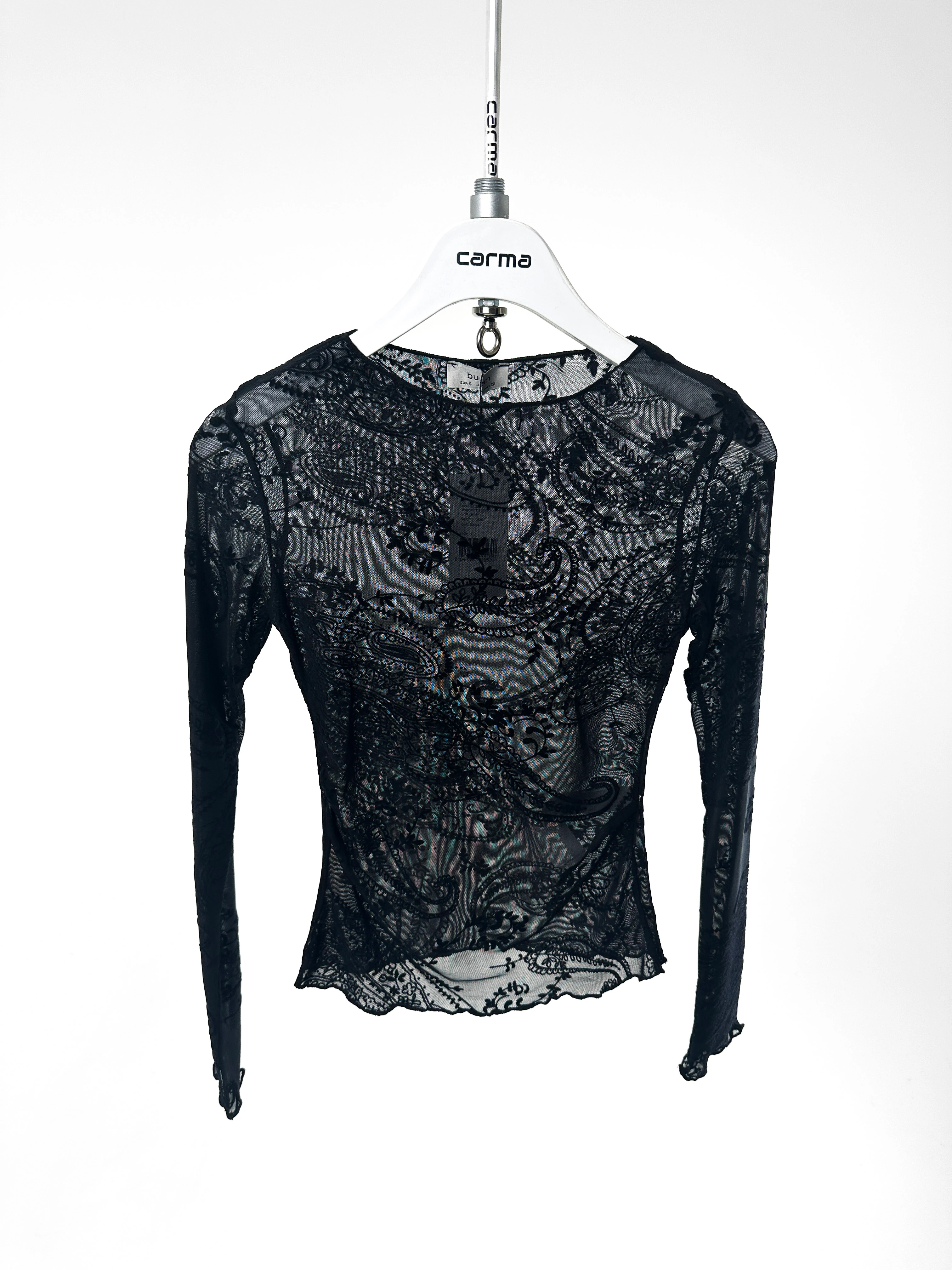 Desenli Transparan Tül Bluz - siyah